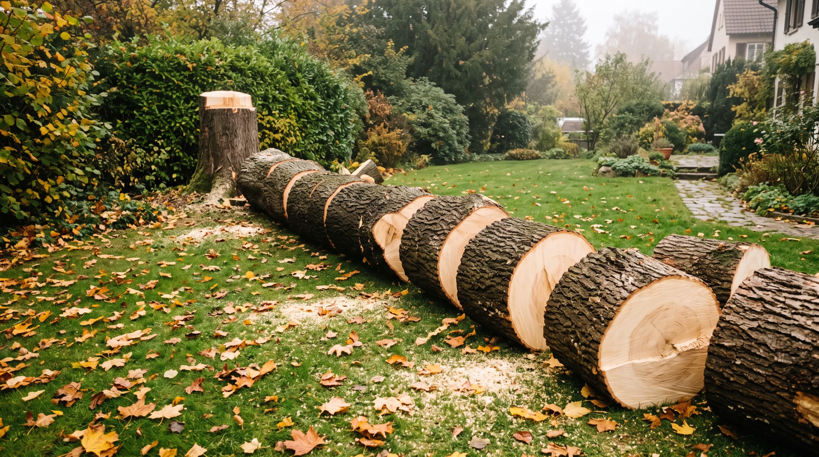 Ahorn fällen im Herbst – gefällter Bergahornstamm mit goldenem Laub in einem Garten in Süddeutschland
