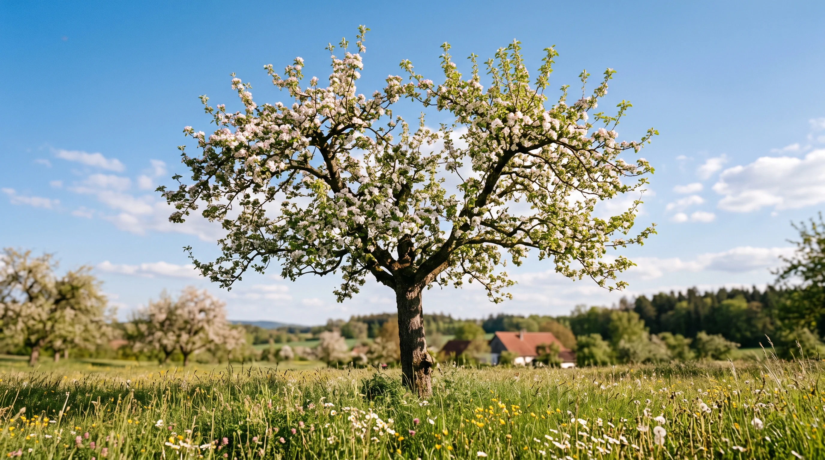 Alten Obstbaum schneiden – Ergebnis: verjüngter Apfel-Hochstamm mit lichter, offener Krone auf einer Streuobstwiese im Frühling