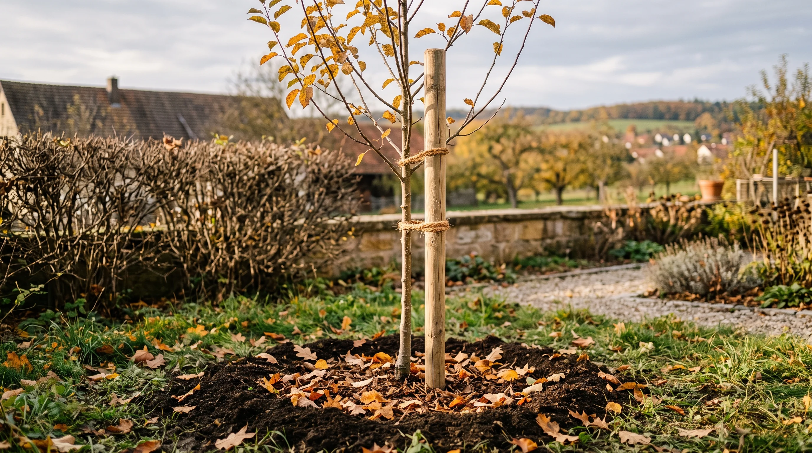 Apfelbaum pflanzen: junger Obstbaum mit Stützpfahl in frisch aufgeworfener Erde im Herbstgarten