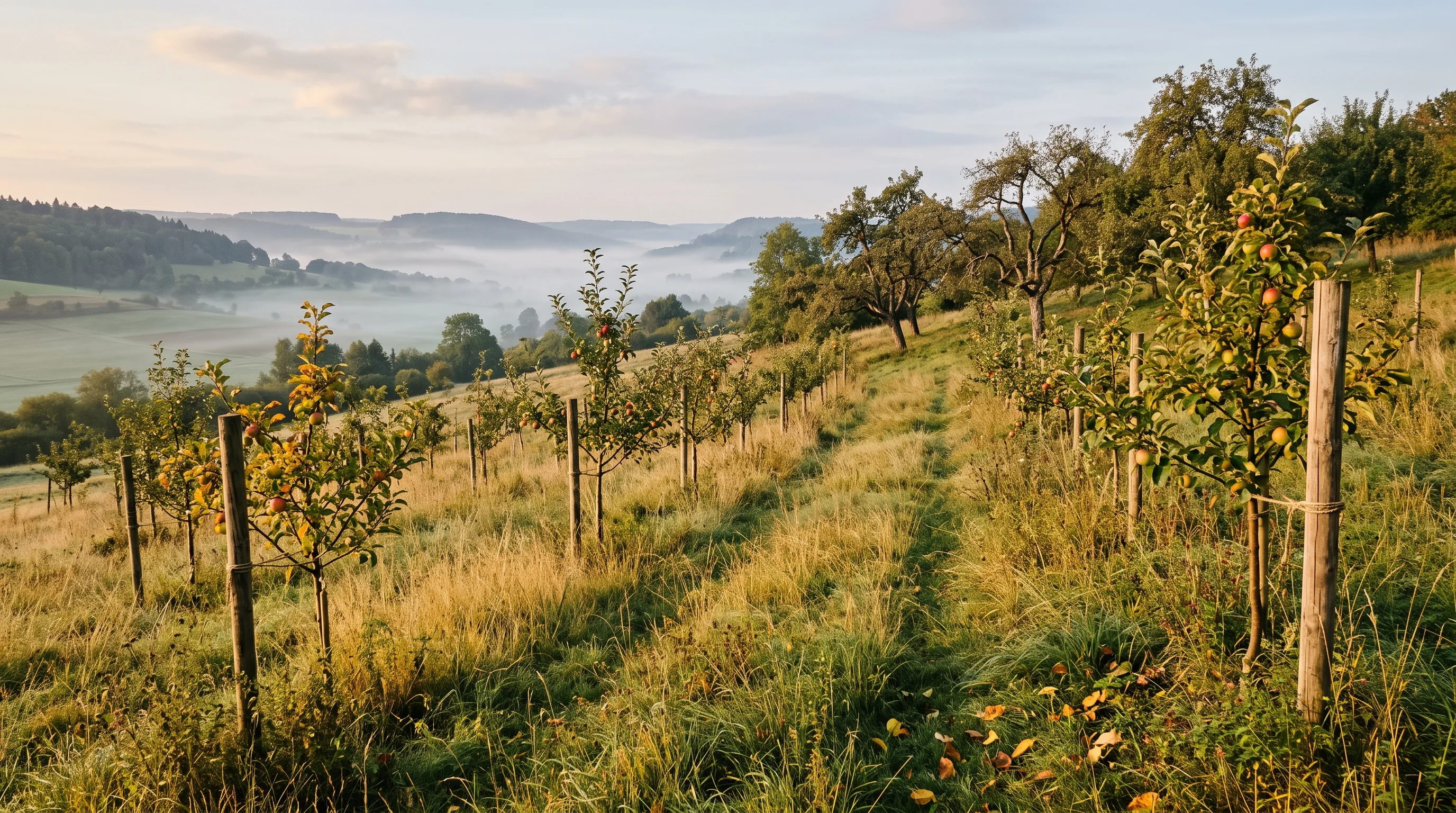 Apfelbaum pflanzen: gepflegte Obstwiese mit jungen Apfelbäumen und Stützpfählen im warmen Herbstlicht