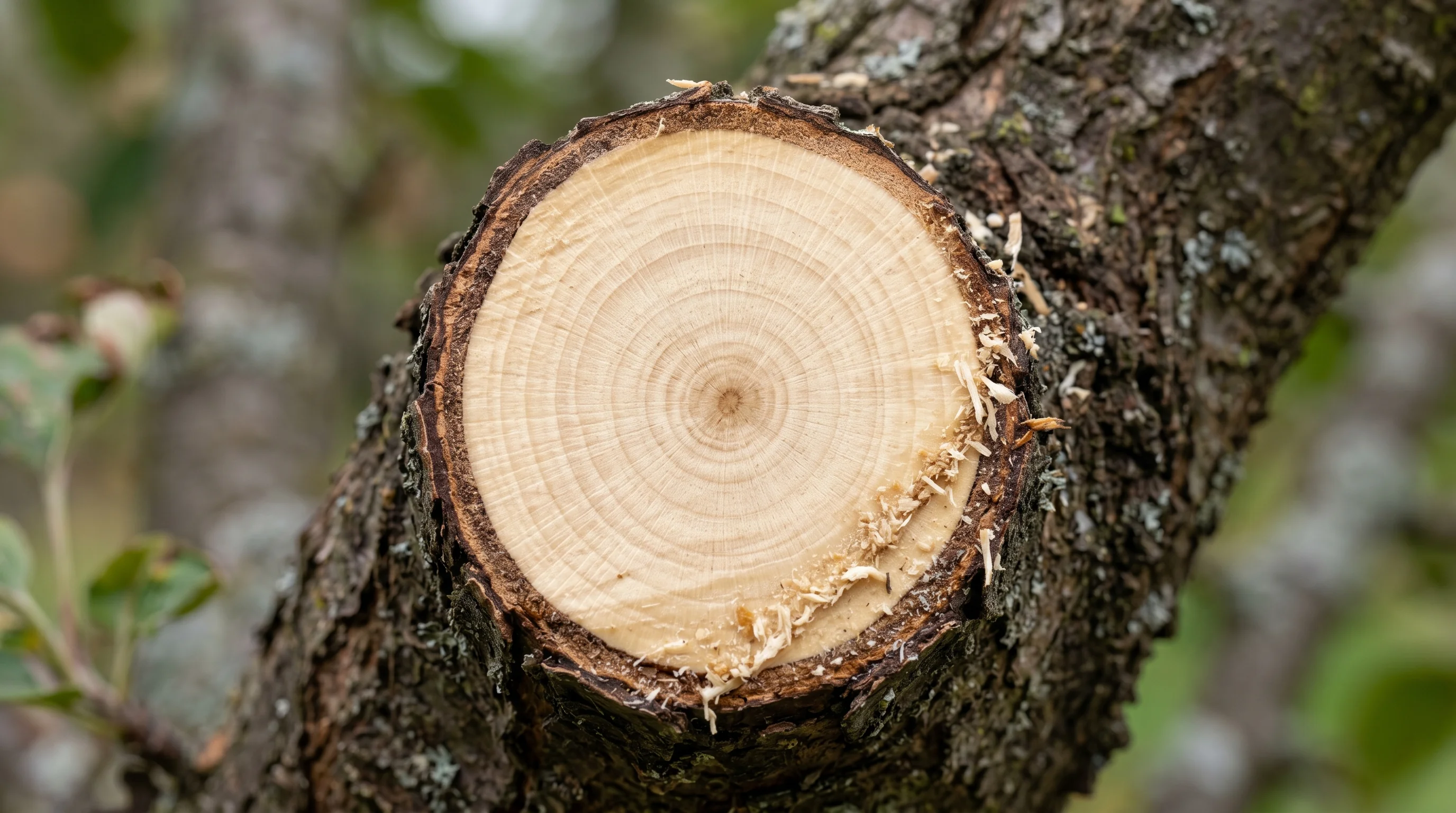 Nahaufnahme einer frischen Schnittfläche an einem Apfelbaum — sauberer Obstbaumschnitt für gesunde Wundheilung