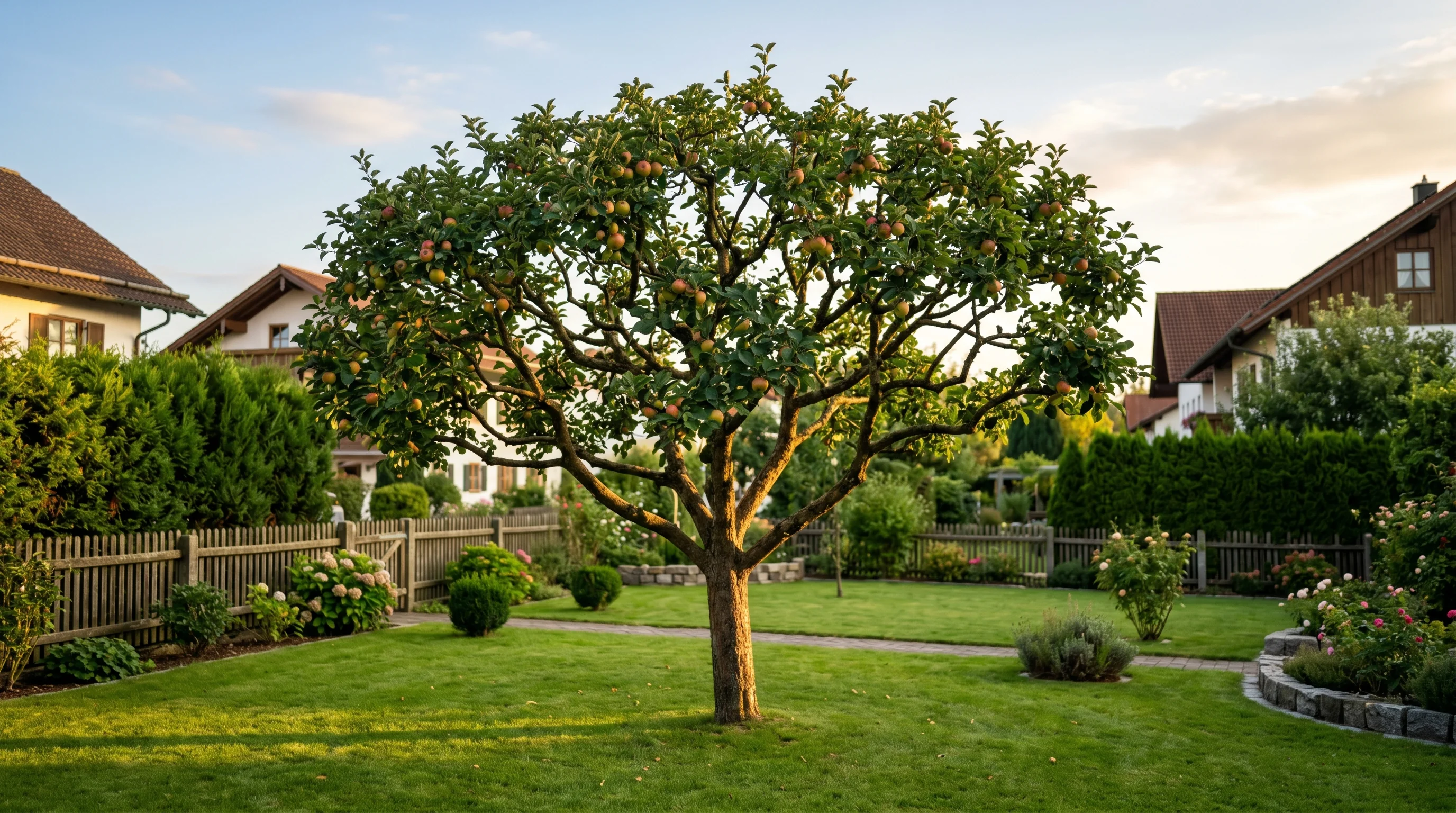 Gepflegter Apfelbaum mit offener Kronenstruktur in einem Garten in Südwestdeutschland — Ergebnis professionellen Obstbaumschnitts