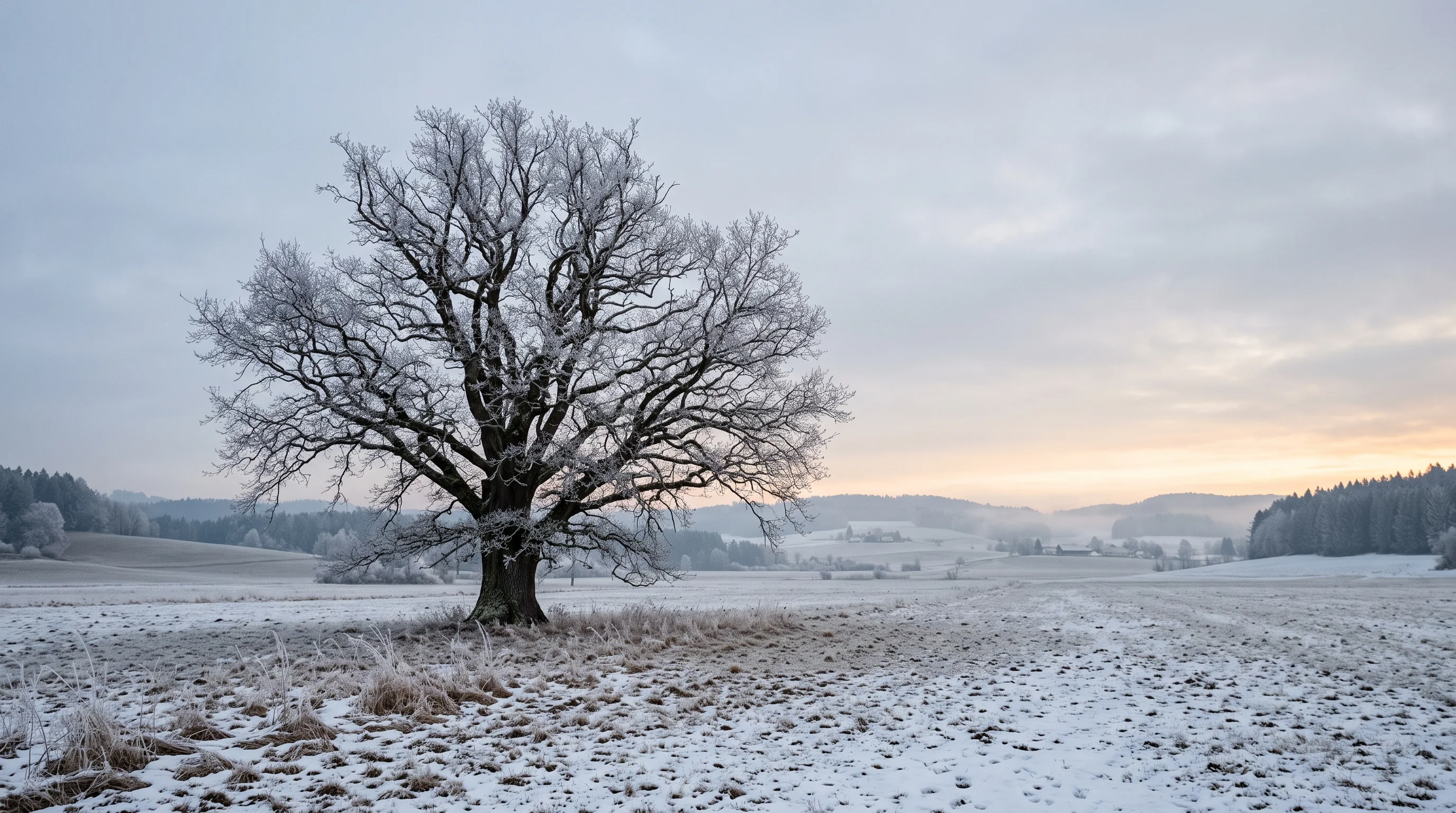 Bäume fällen im Winter: kahler Laubbaum mit Raureif im Morgenlicht bei Ulm