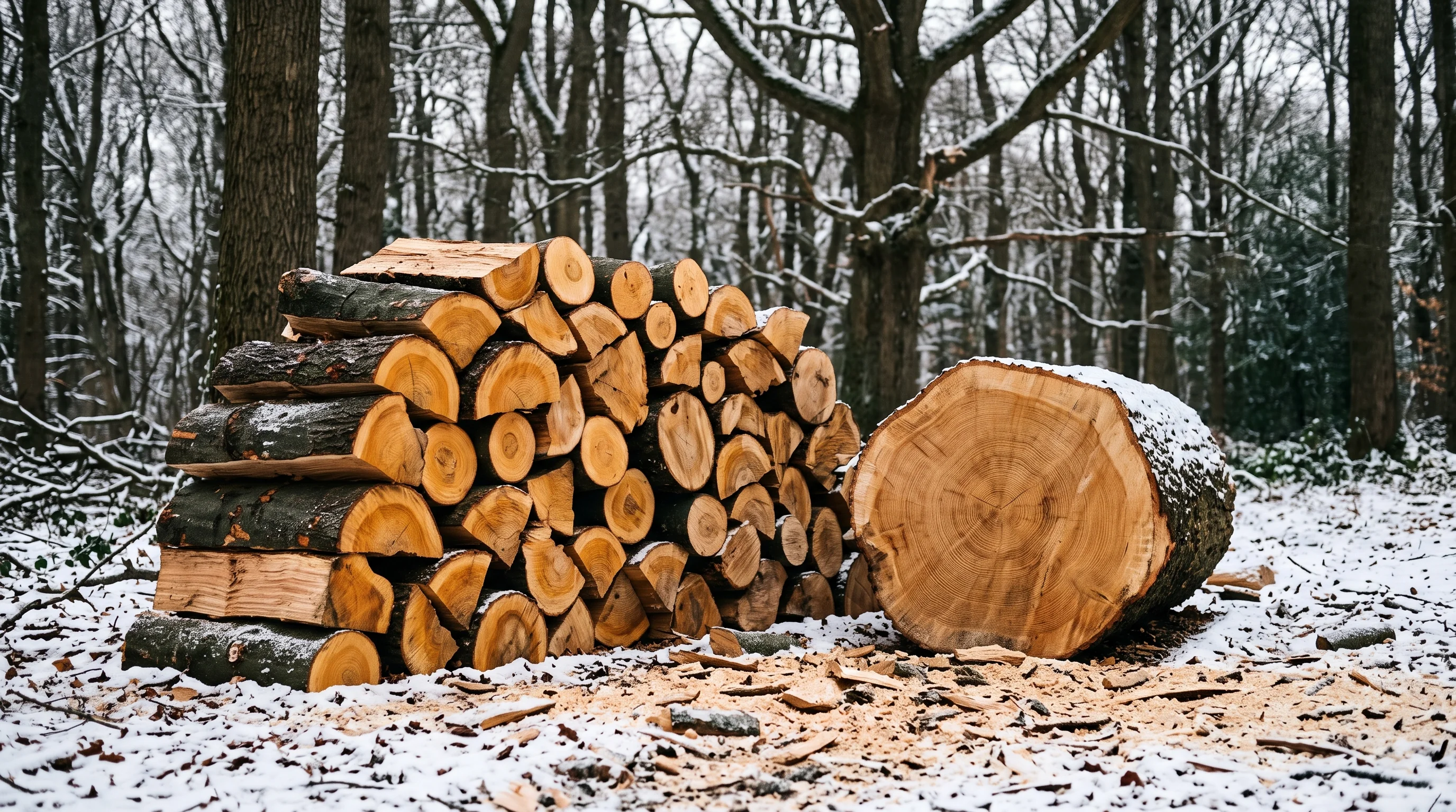 Bäume fällen im Winter: aufgearbeitetes Stammholz und Sägemehl auf verschneitem Waldboden
