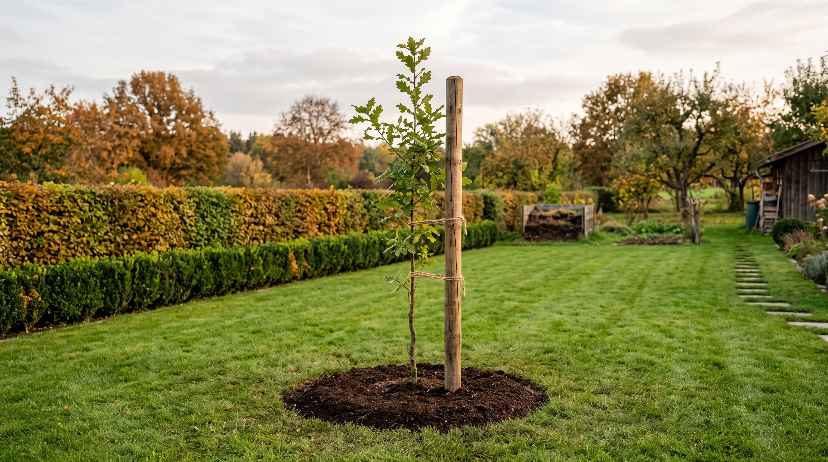 Baum an Grundstücksgrenze fällen: aufgeräumter Garten mit frisch nachgepflanztem jungem Laubbaum