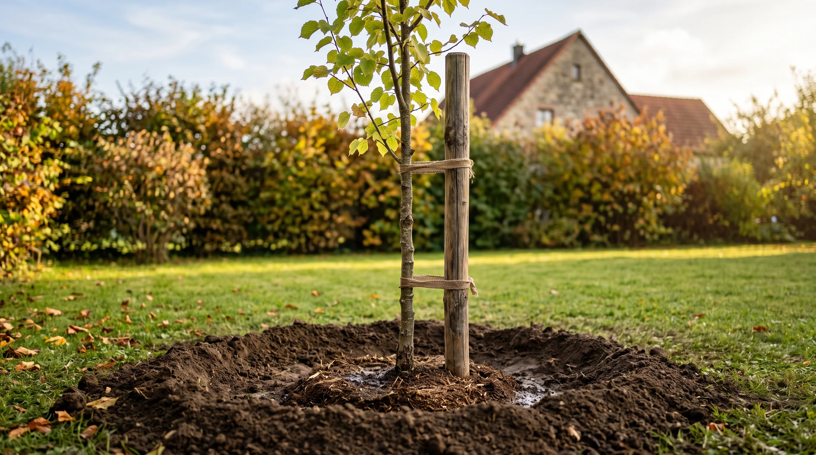 Baum anbinden: junger Laubbaum mit Stützpfahl und Kokosstrick-Bindung in einem Garten bei Ulm