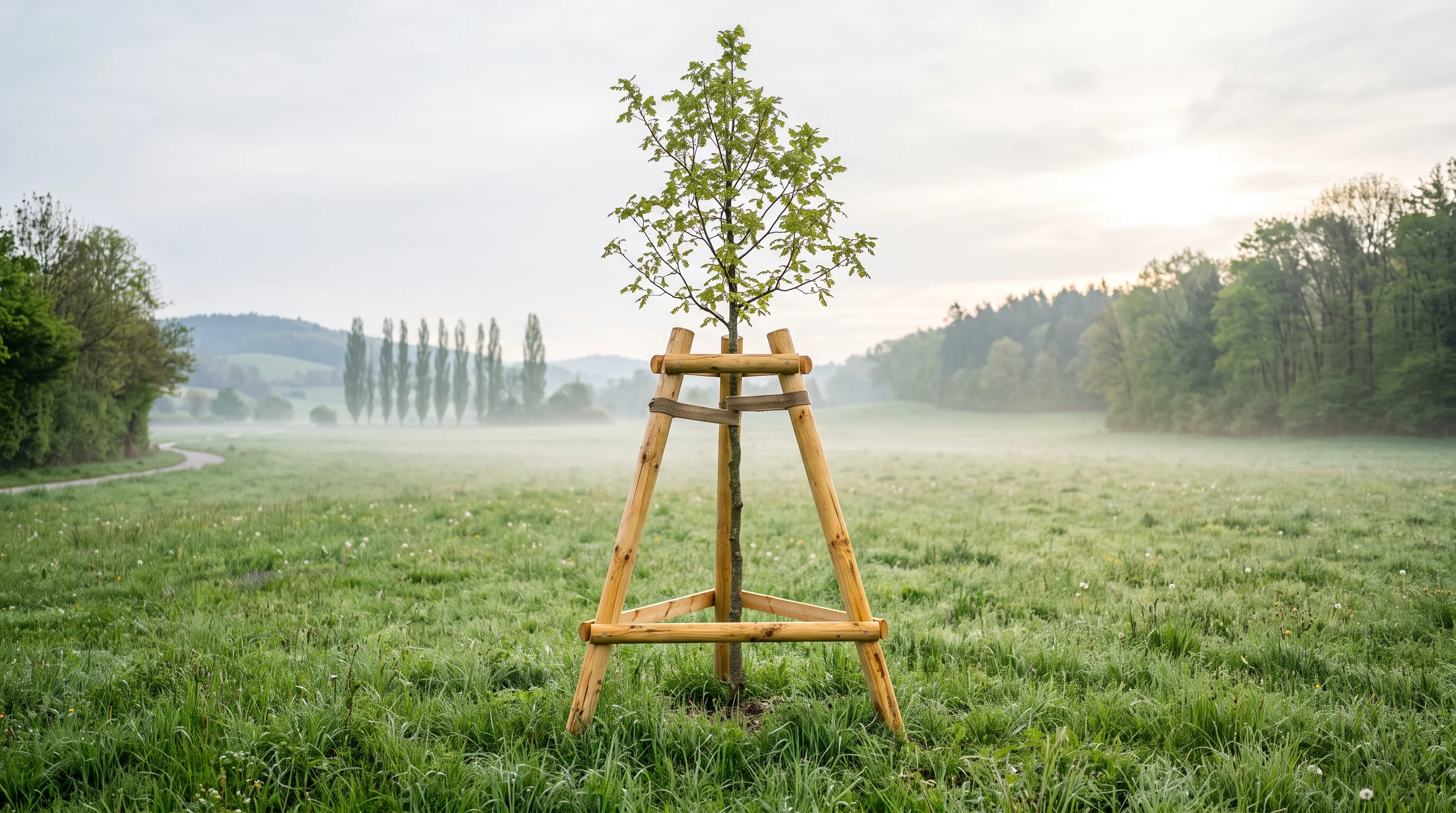 Baum anbinden im Ergebnis: gepflegter Garten mit verankertem Jungbaum bei Ulm