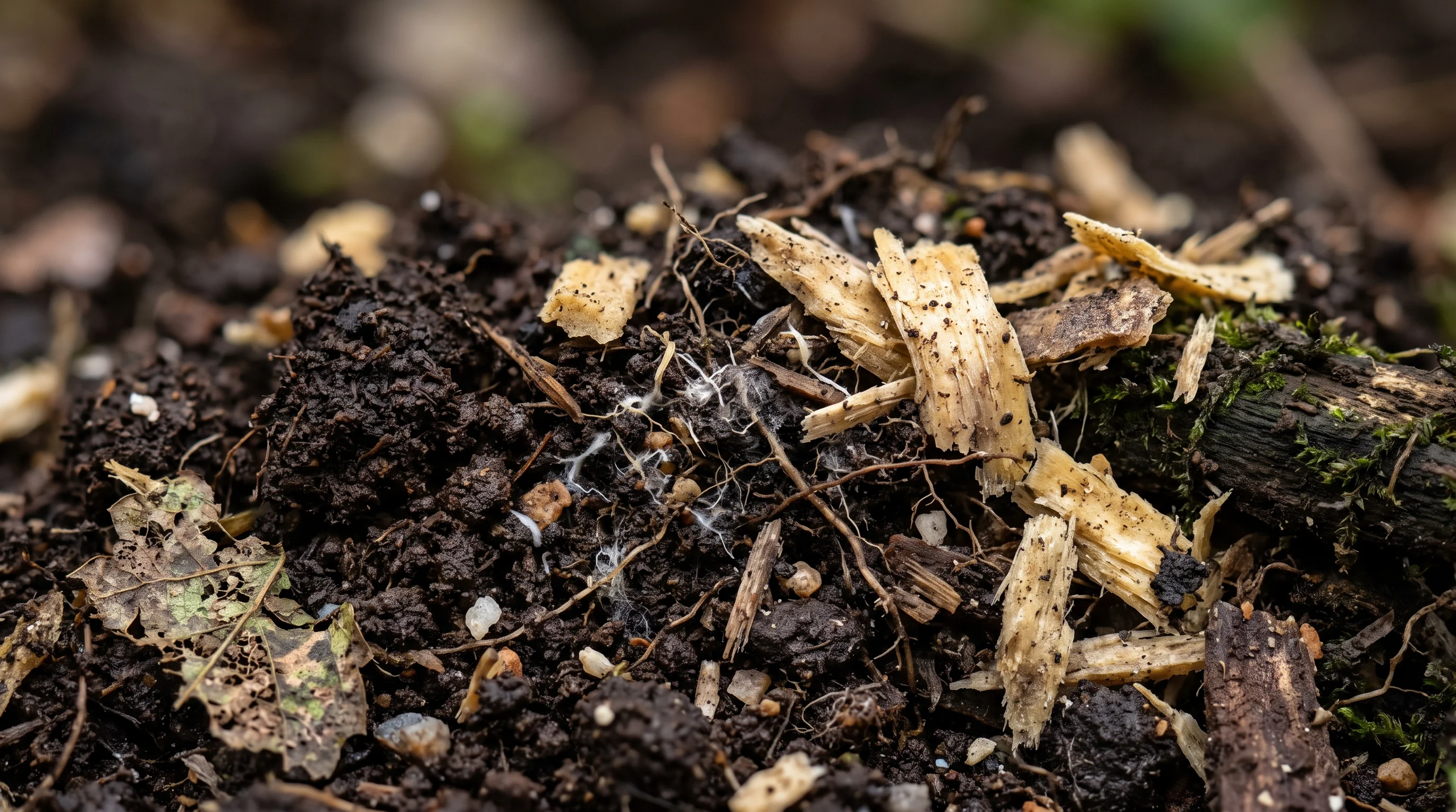 Baum düngen: organischer Kompost auf dunkler Gartenerde im Wurzelbereich eines Baumes