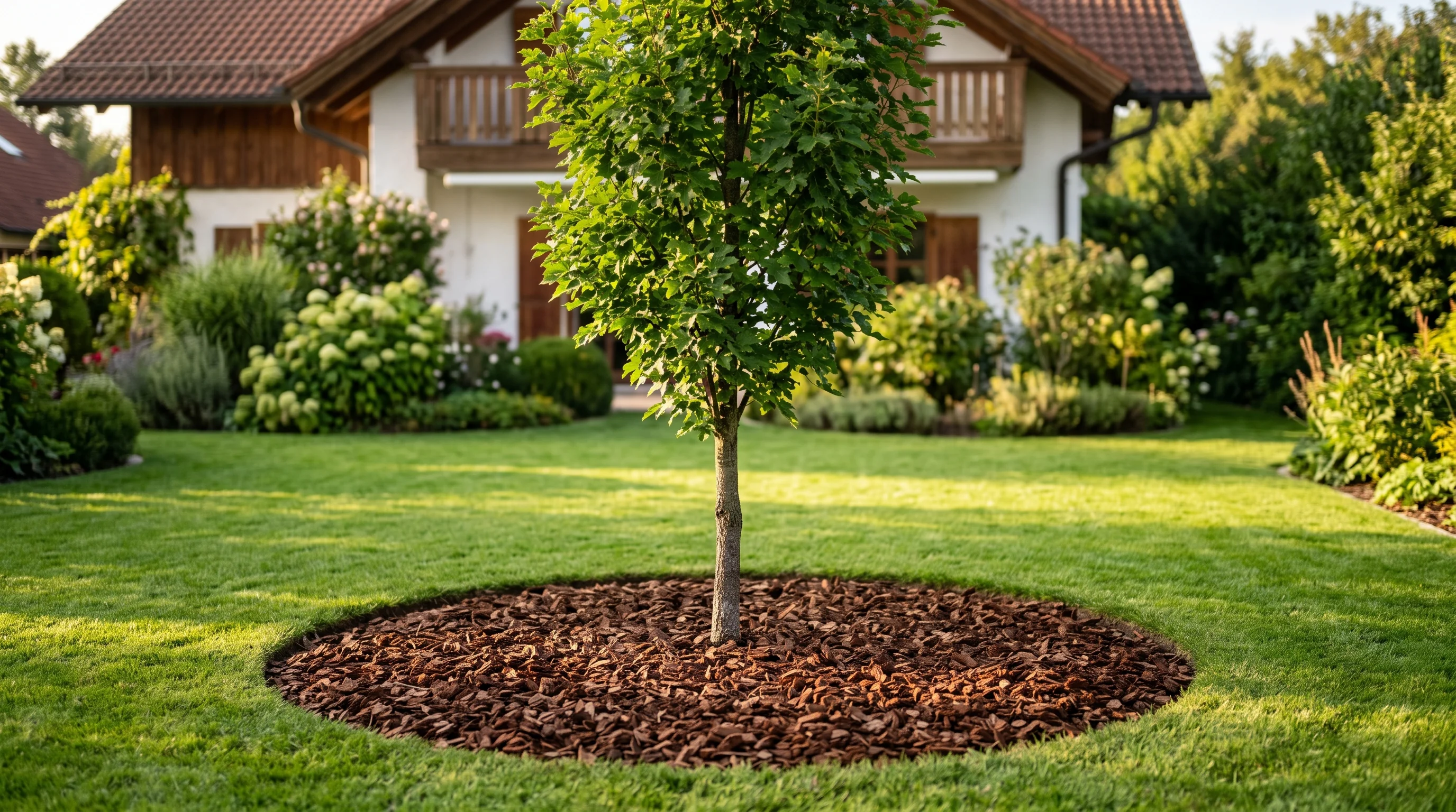 Baum düngen: gepflegte Baumscheibe mit Mulchring um einen jungen Laubbaum in einem Garten