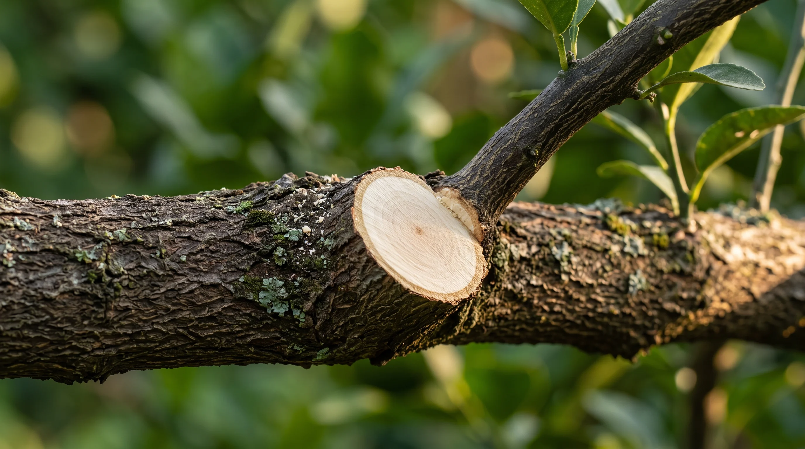 Baum kappen vermeiden: Nahaufnahme einer sauberen Schnittstelle am Ableitungsast eines Laubbaums