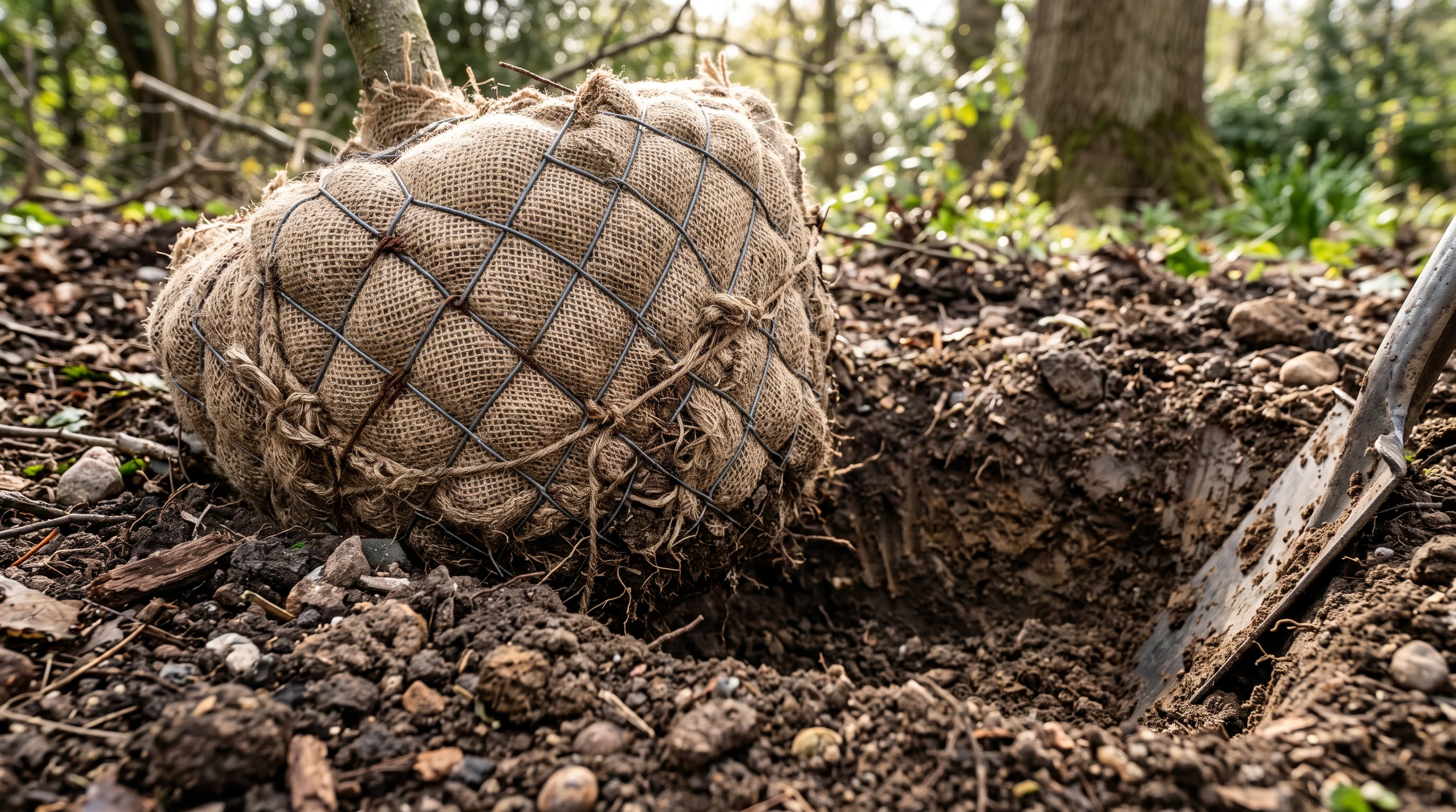 Baum pflanzen Kosten: frisch ausgehobene Pflanzgrube mit Wurzelballen und Bodensubstrat
