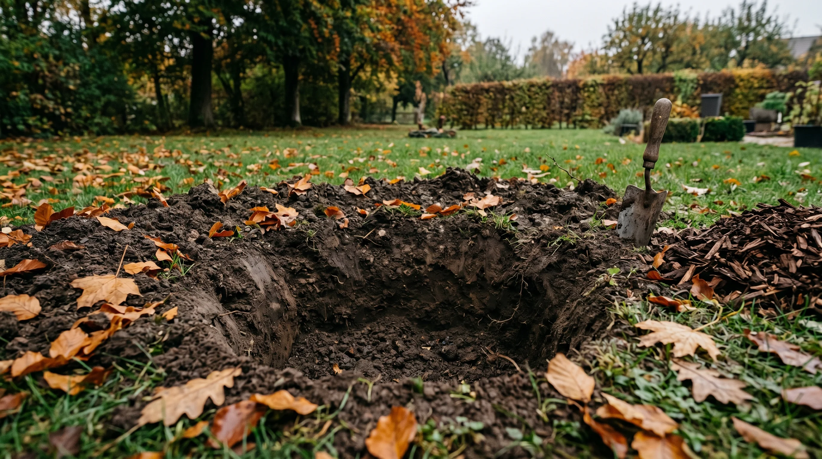 Baum pflanzen Zeitpunkt – frisch ausgehobenes Pflanzloch mit lockerem Boden und Herbstlaub am Rand, bereit für die Herbstpflanzung