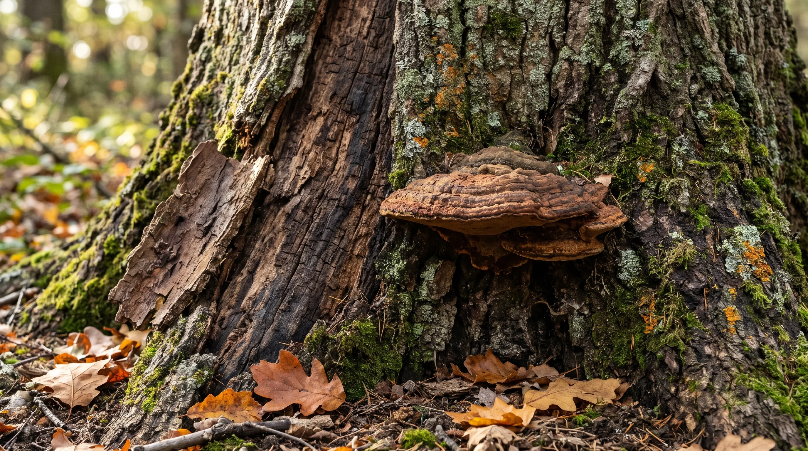 Baum stirbt ab – Nahaufnahme eines Baumpilzes und abplatzender Rinde am Stammfuß einer alten Eiche