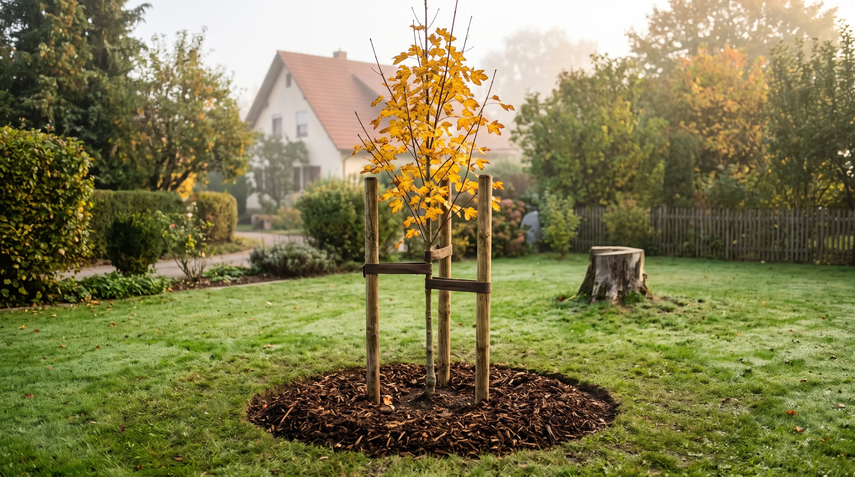 Baum stirbt ab und wird ersetzt – frisch gepflanzter junger Feldahorn mit Stützpfahl im herbstlichen Garten
