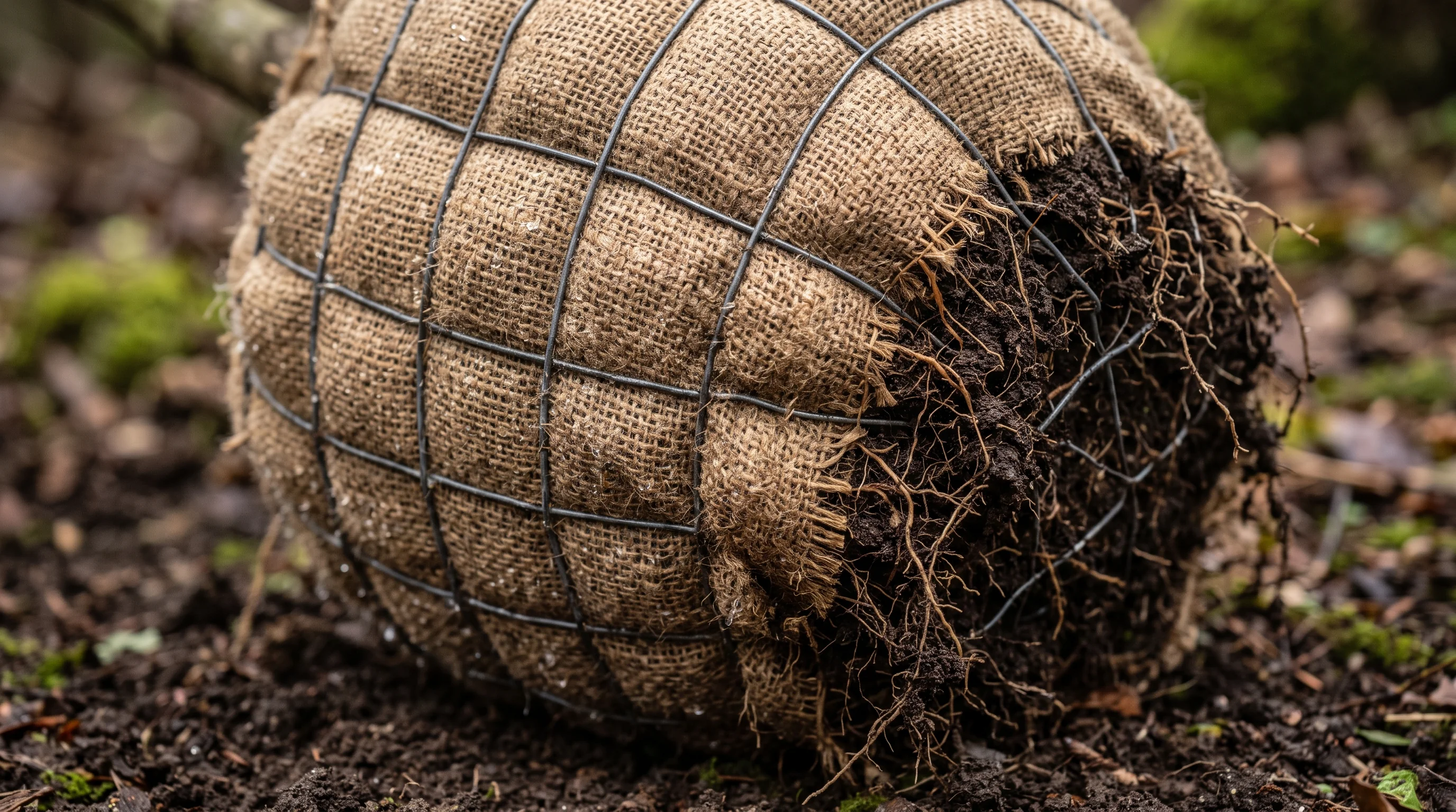 Baum umpflanzen: Nahaufnahme des Wurzelballens mit Jute und Ballentuch