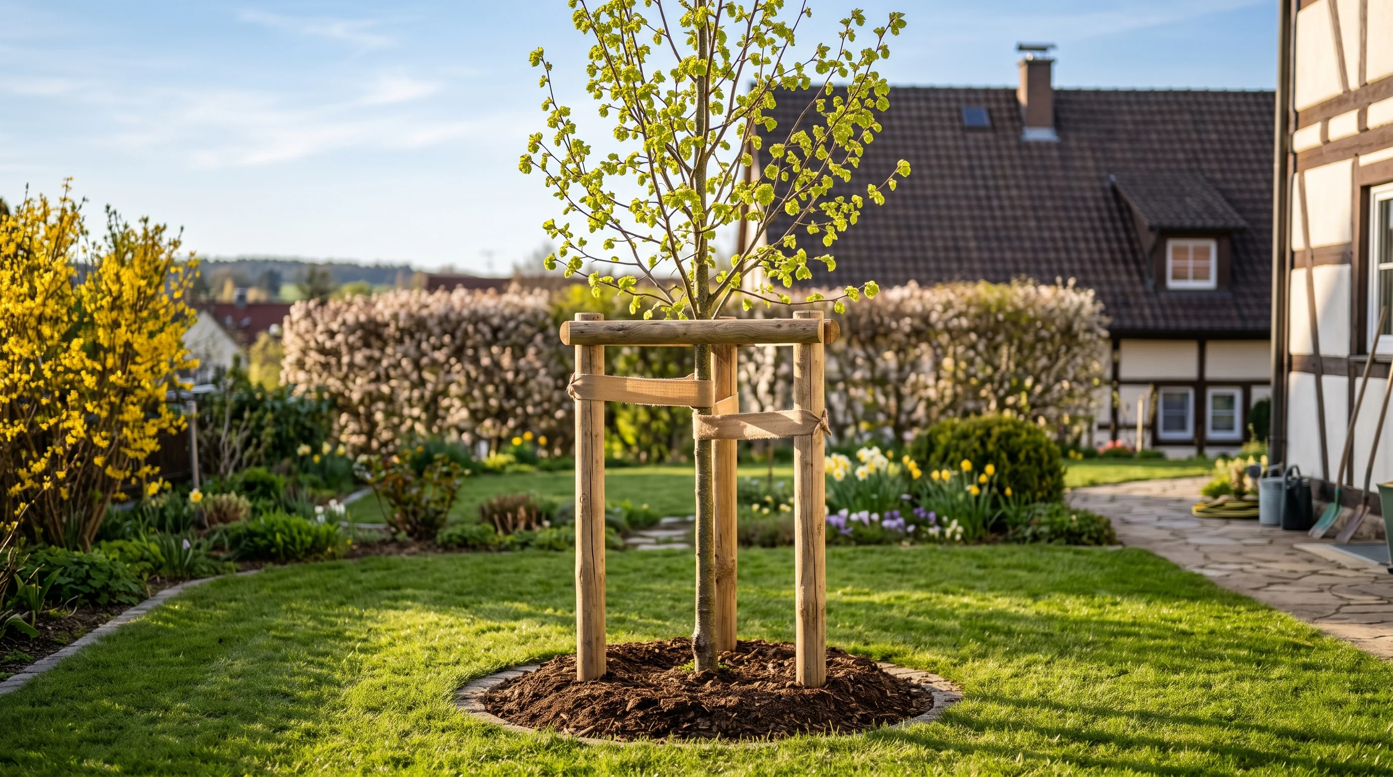 Baum umpflanzen: neu versetzter Laubbaum mit Dreibock-Verankerung im Garten