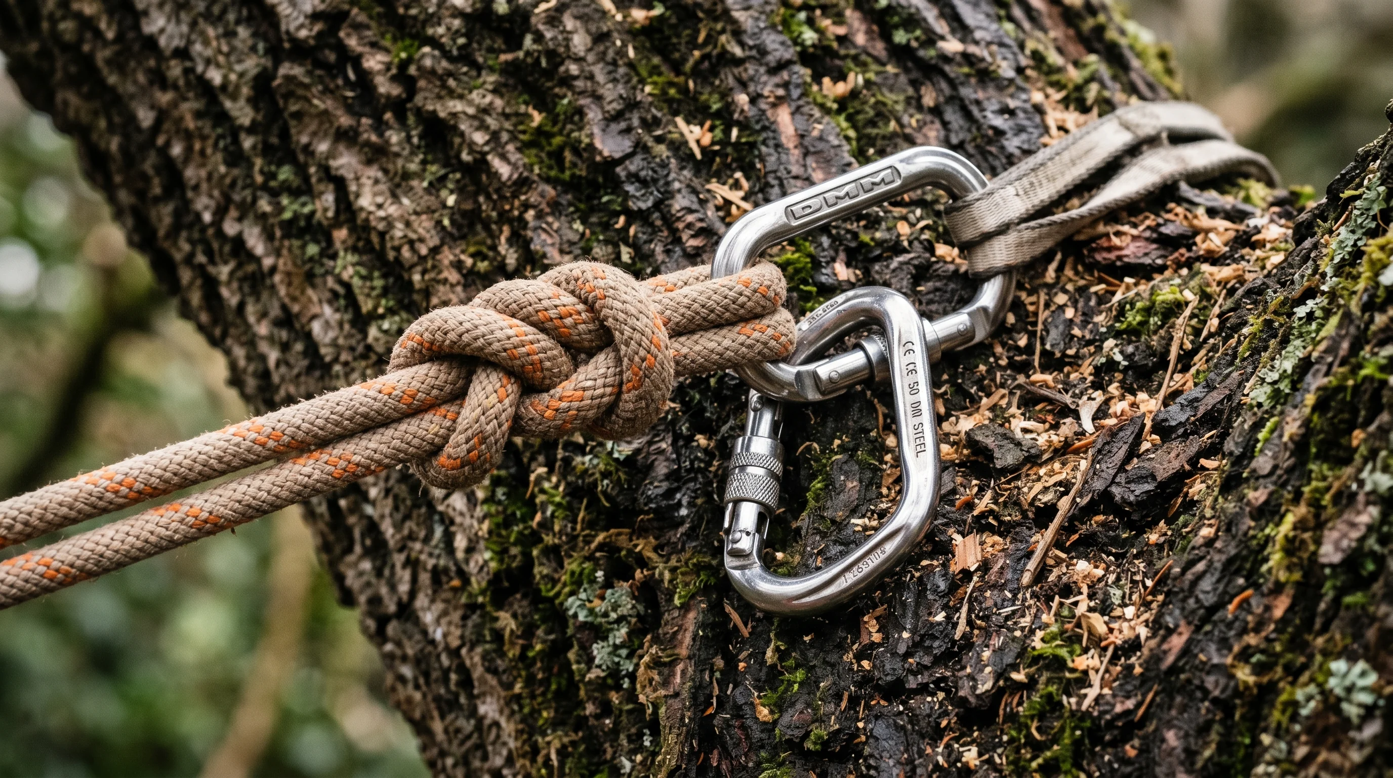 Professionelles Kletterseil und Karabiner an einem alten Eichenstamm — Baumkletterer-Ausrüstung in Ulm