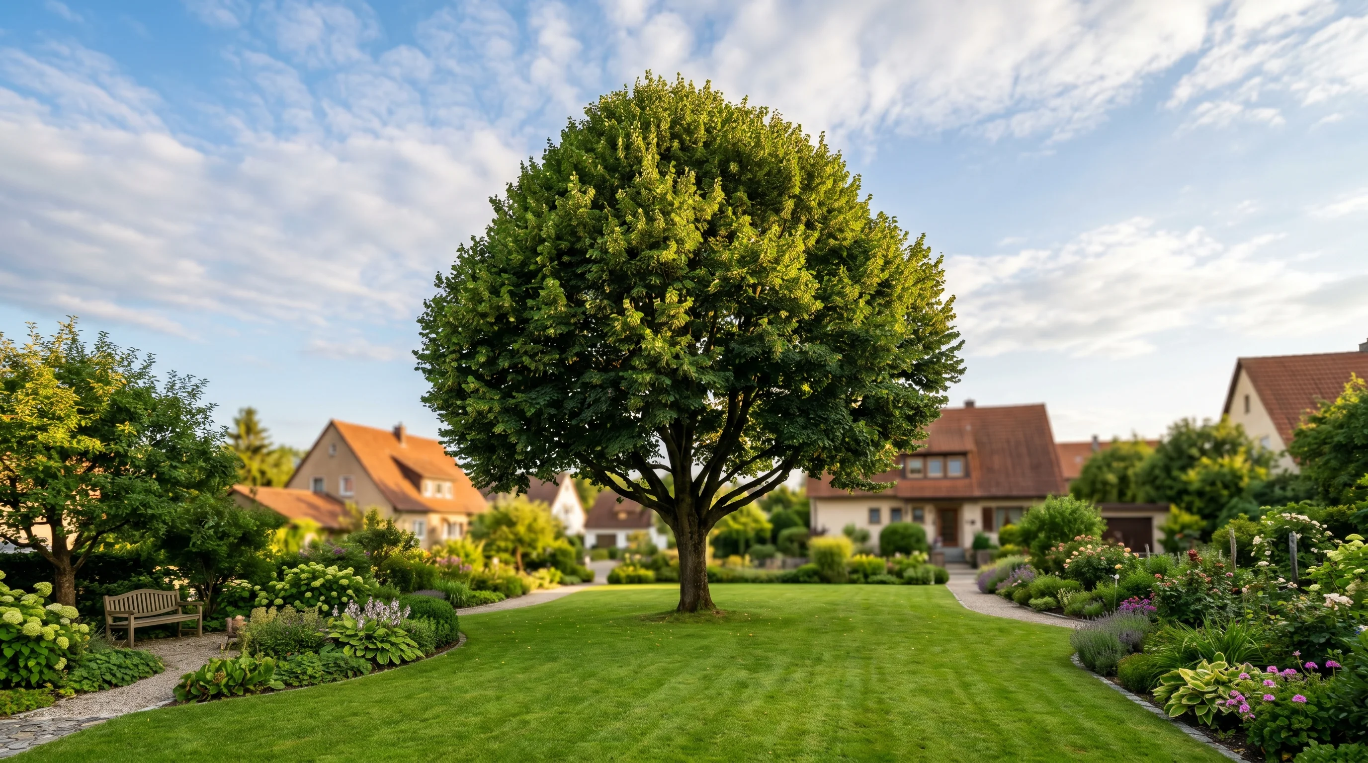 Gepflegter Garten mit einer schönen Lindenkrone nach professionellem Baumkletterer-Einsatz in der Region Ulm