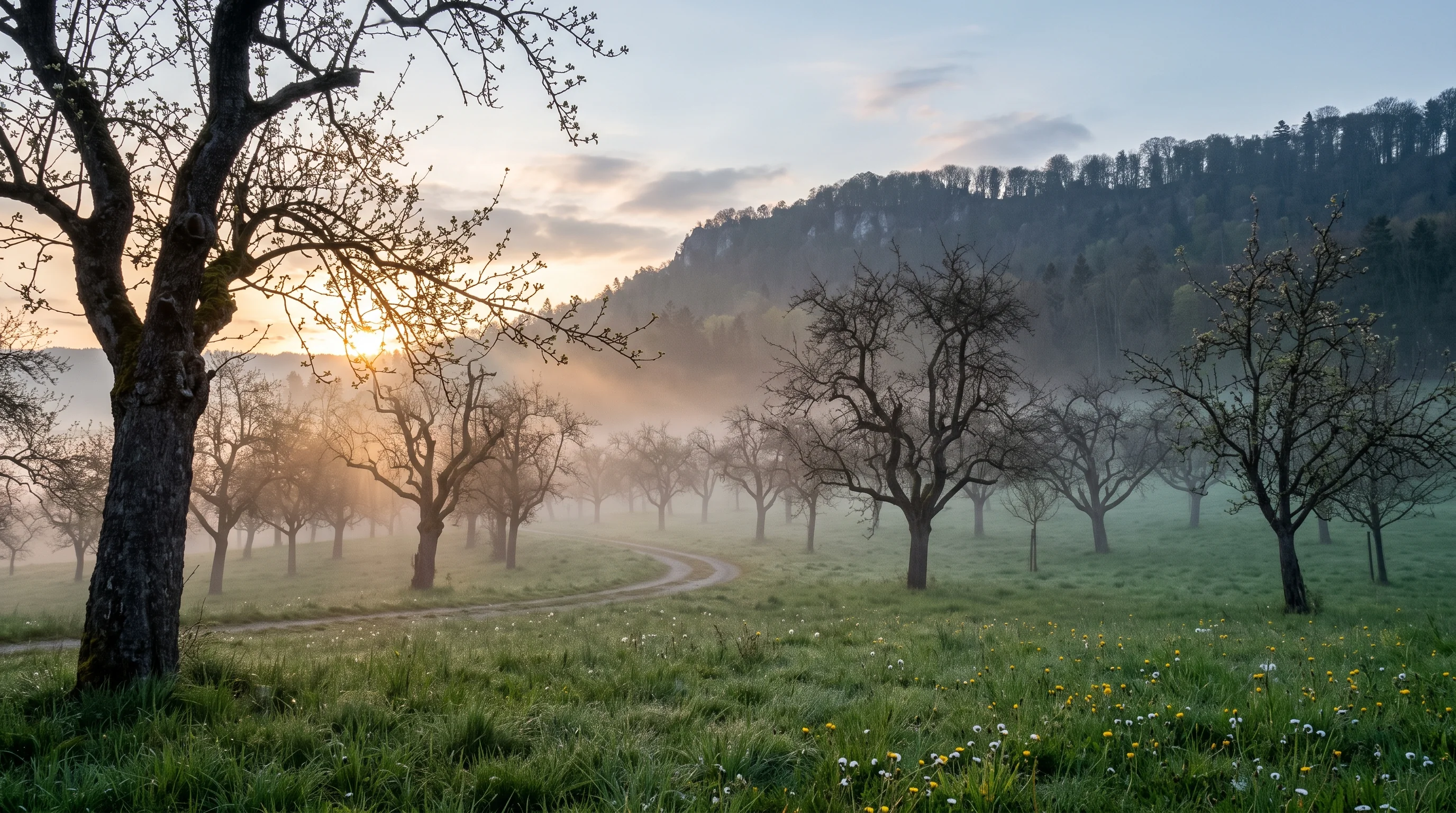 Baumpflege Ehingen und Blaubeuren: gepflegte Streuobstwiese am Albtrauf im Morgenlicht