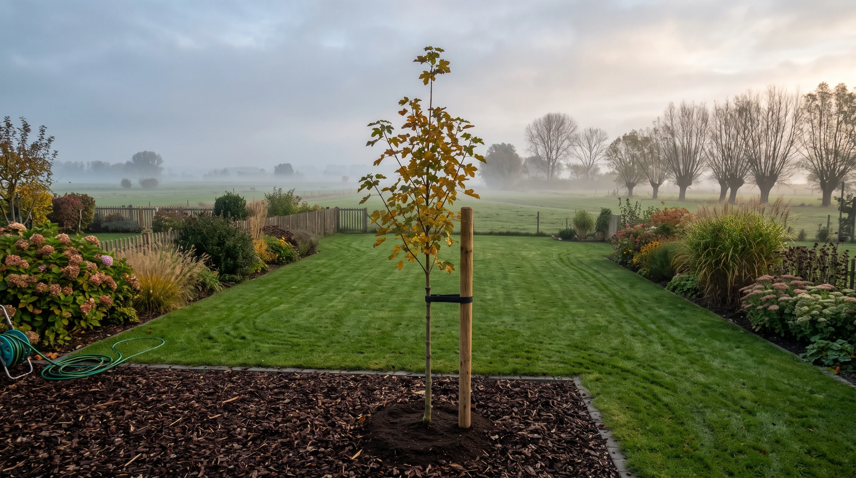 Baumpflege Nersingen: gepflegter Garten im Donautal mit frisch gepflanztem jungen Baum und Stützpfahl im Herbst