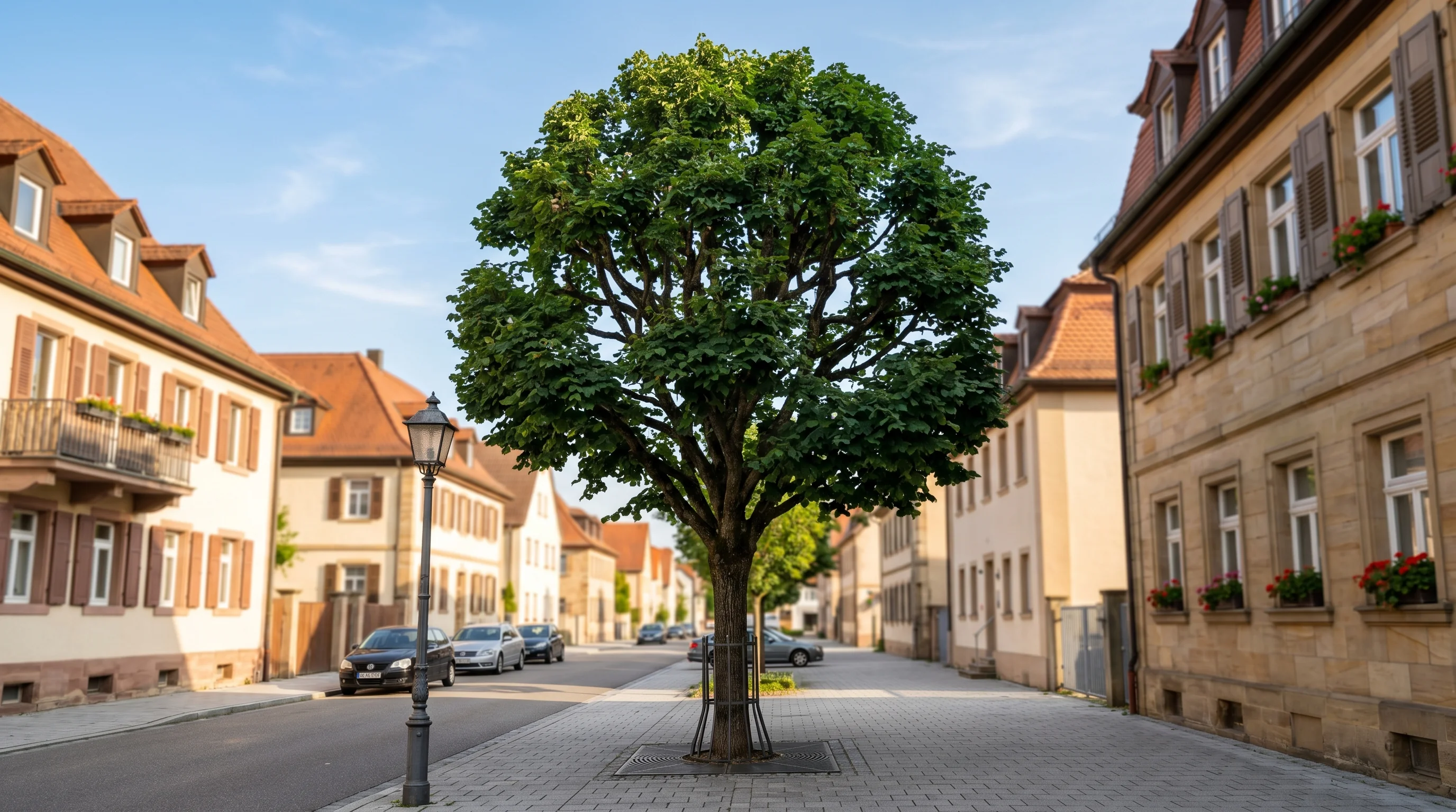 Gepflegter Stadtbaum in einer Ulmer Straße mit strukturierter Krone nach professionellem Baumschnitt, warmes Sommernachmittagslicht