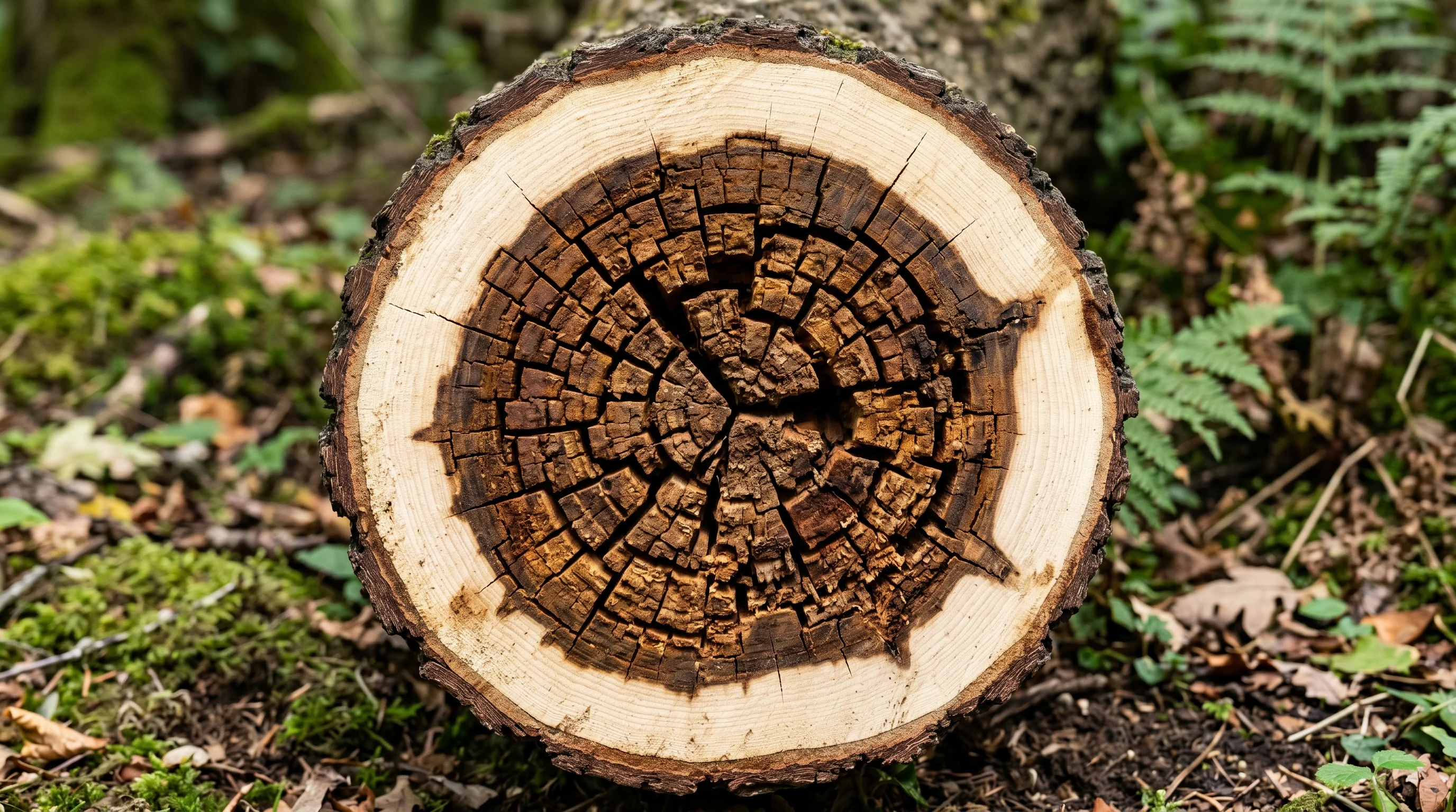 Baumpilze schädlich für Baum – Nahaufnahme Holzquerschnitt mit Braunfäule und charakteristischer Würfelstruktur
