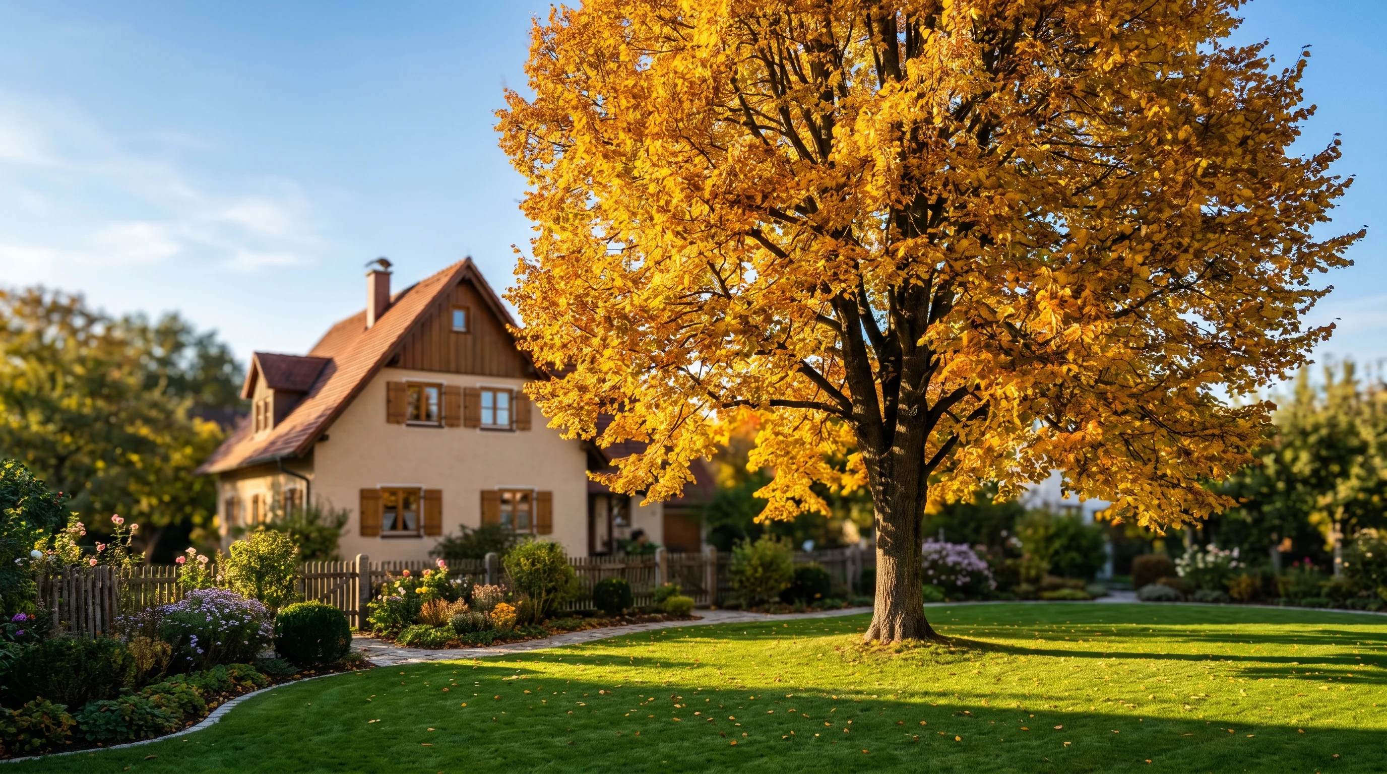 Baumpilze schädlich – alter Laubbaum in einem gepflegten Garten in der Region Ulm im Herbst