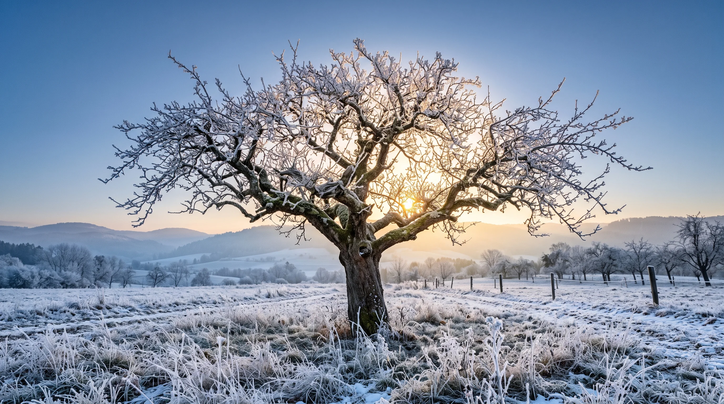 Baumschnitt nach dem Frost: bereifte Äste eines alten Apfelbaums in der Morgensonne eines Wintertags