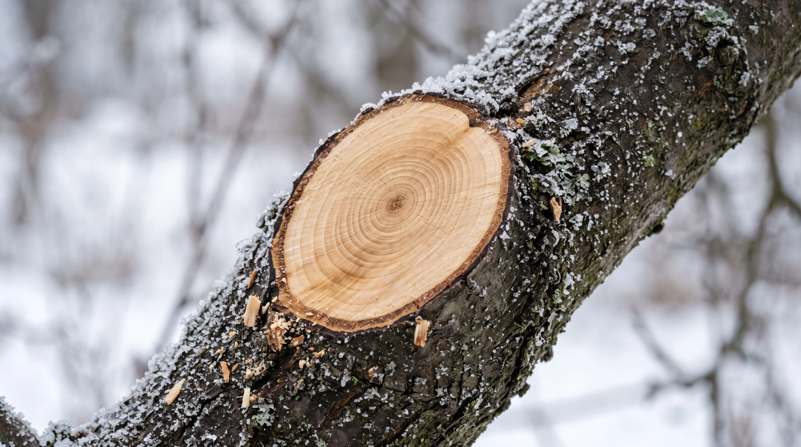 Baumschnitt nach dem Frost: saubere Schnittfläche an einem Obstbaumast mit hellem Holz und Raureif an der Rinde
