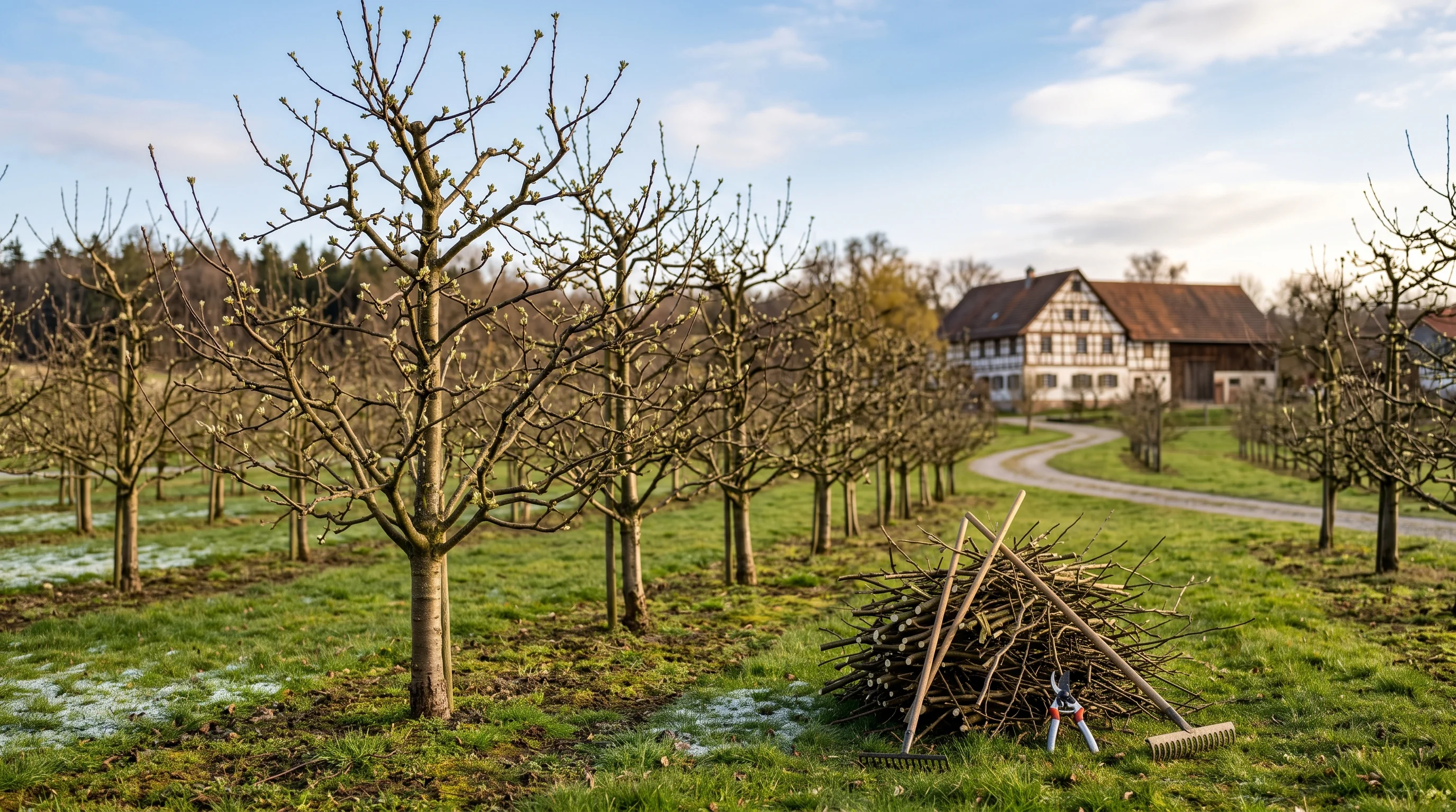 Baumschnitt nach dem Frost: gepflegter Obstgarten im Vorfrühling mit frisch geschnittenen Apfelbäumen