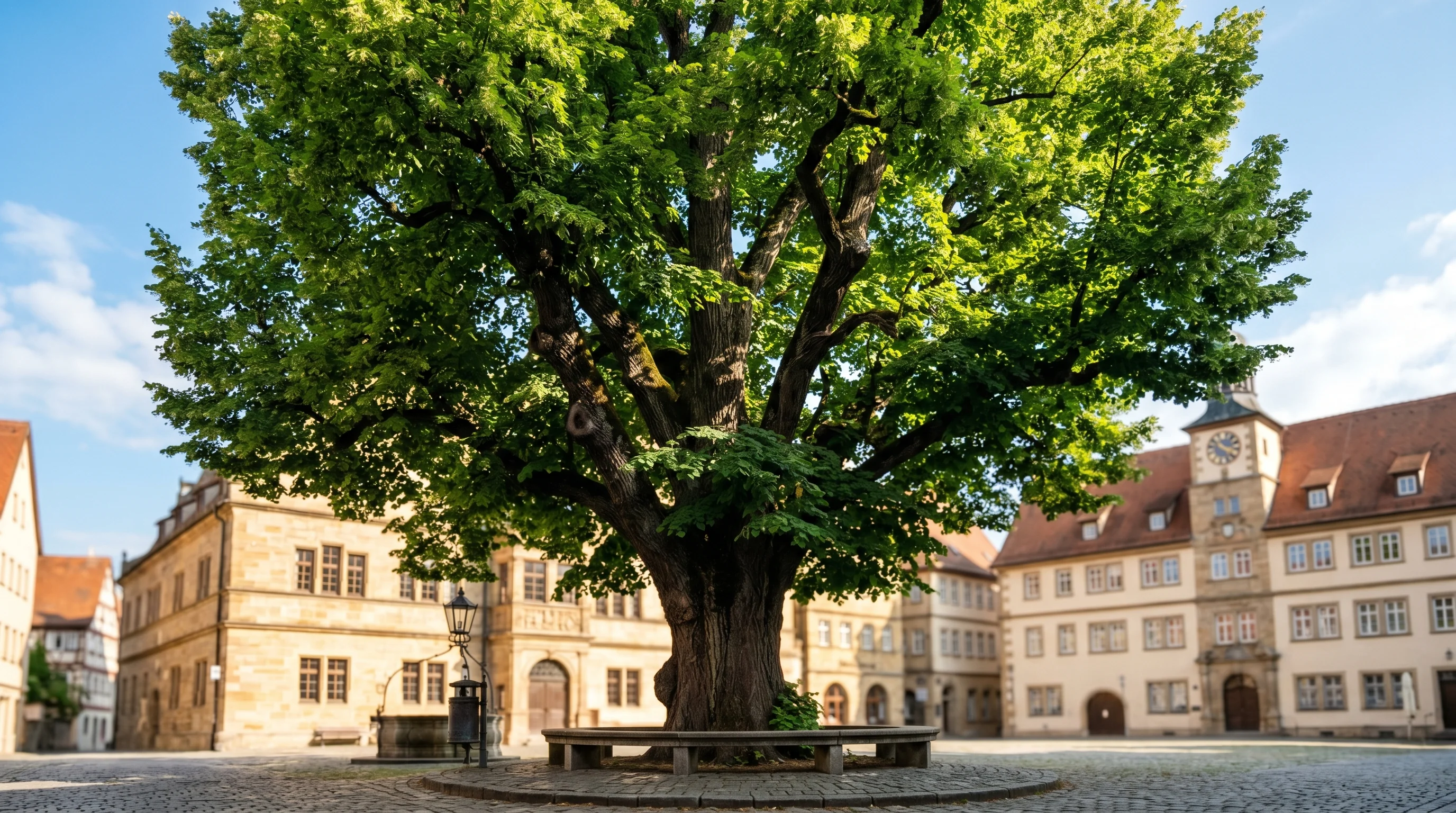 Baumschutzverordnung Ulm Neu-Ulm – mächtiger Stadtbaum im Sommer mit südwestdeutscher Stadtkulisse im Hintergrund