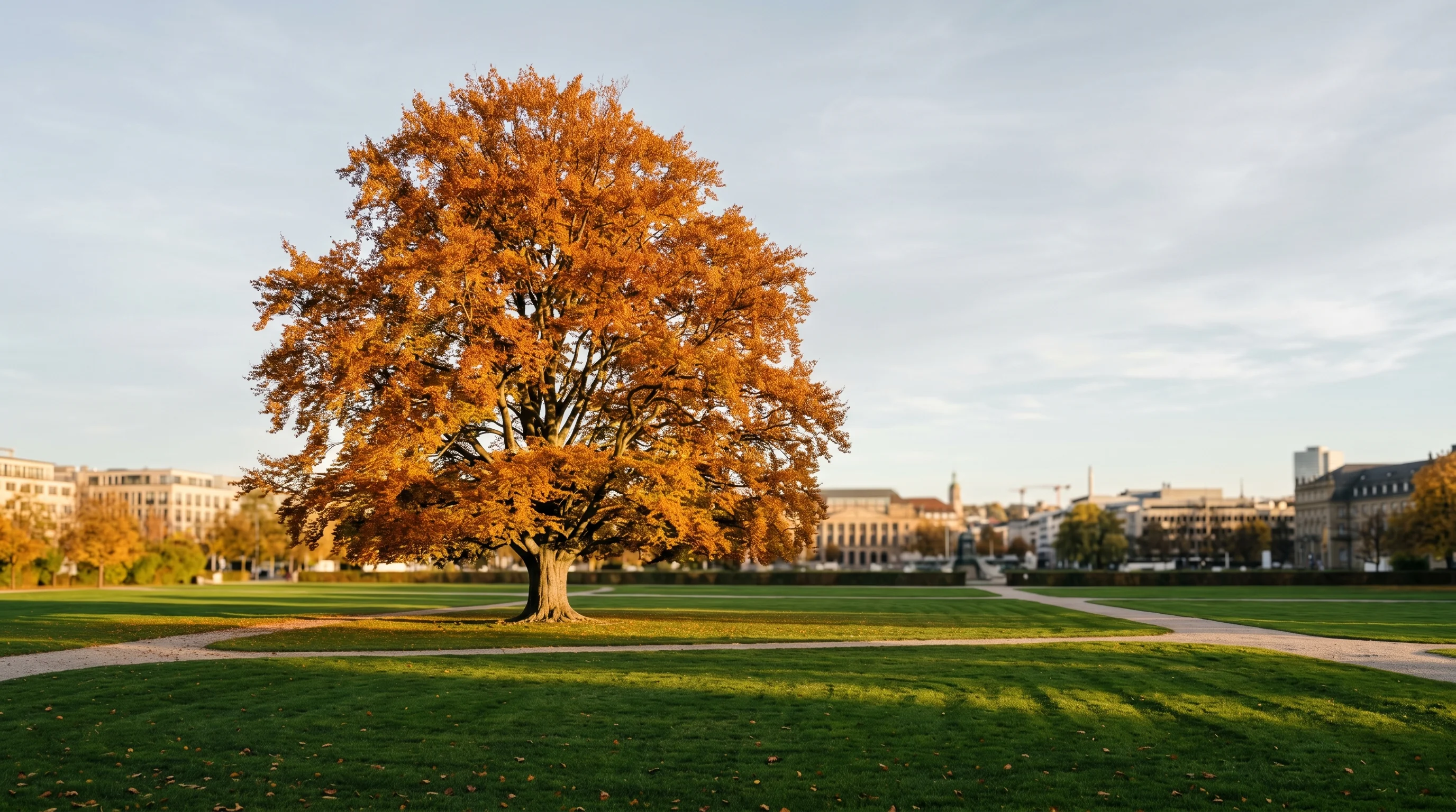 Baumschutzverordnung Ulm Neu-Ulm – gepflegter Stadtbaum in südwestdeutschem Stadtpark im Herbstgold