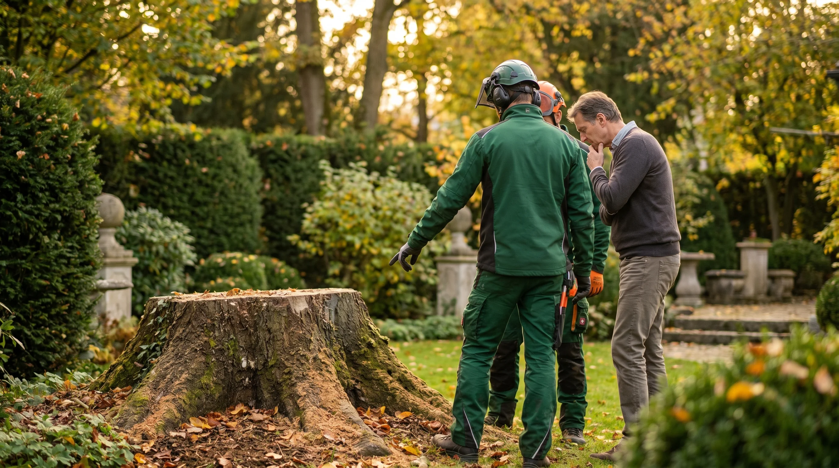 Baumpfleger-Team von Schlupek berät Hausbesitzer vor Baumstumpf im Garten