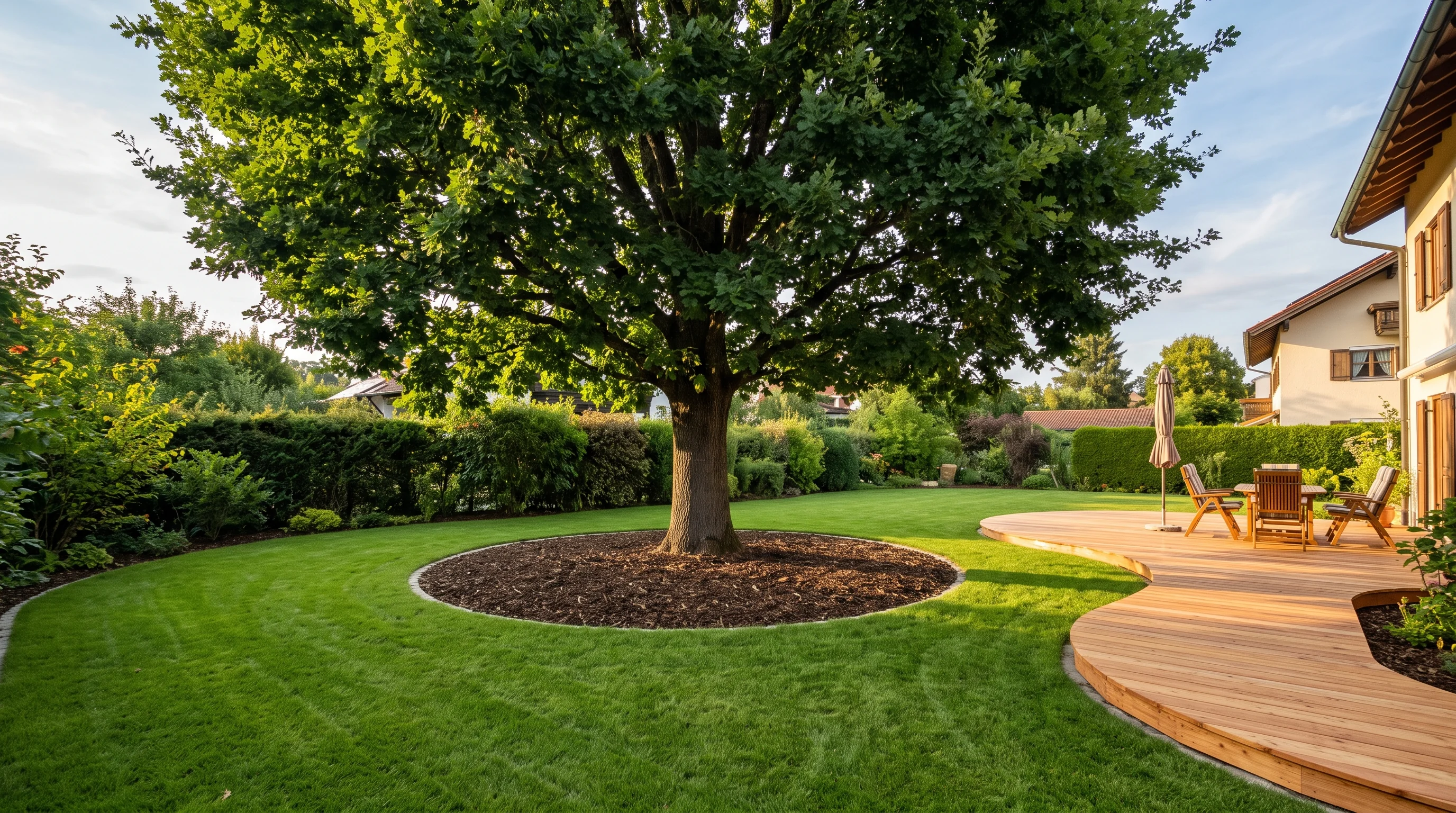Nach dem Wurzelschnitt: gepflegter Garten mit Altbaum und neu verlegter Terrassenfläche in respektvollem Abstand zum Stamm