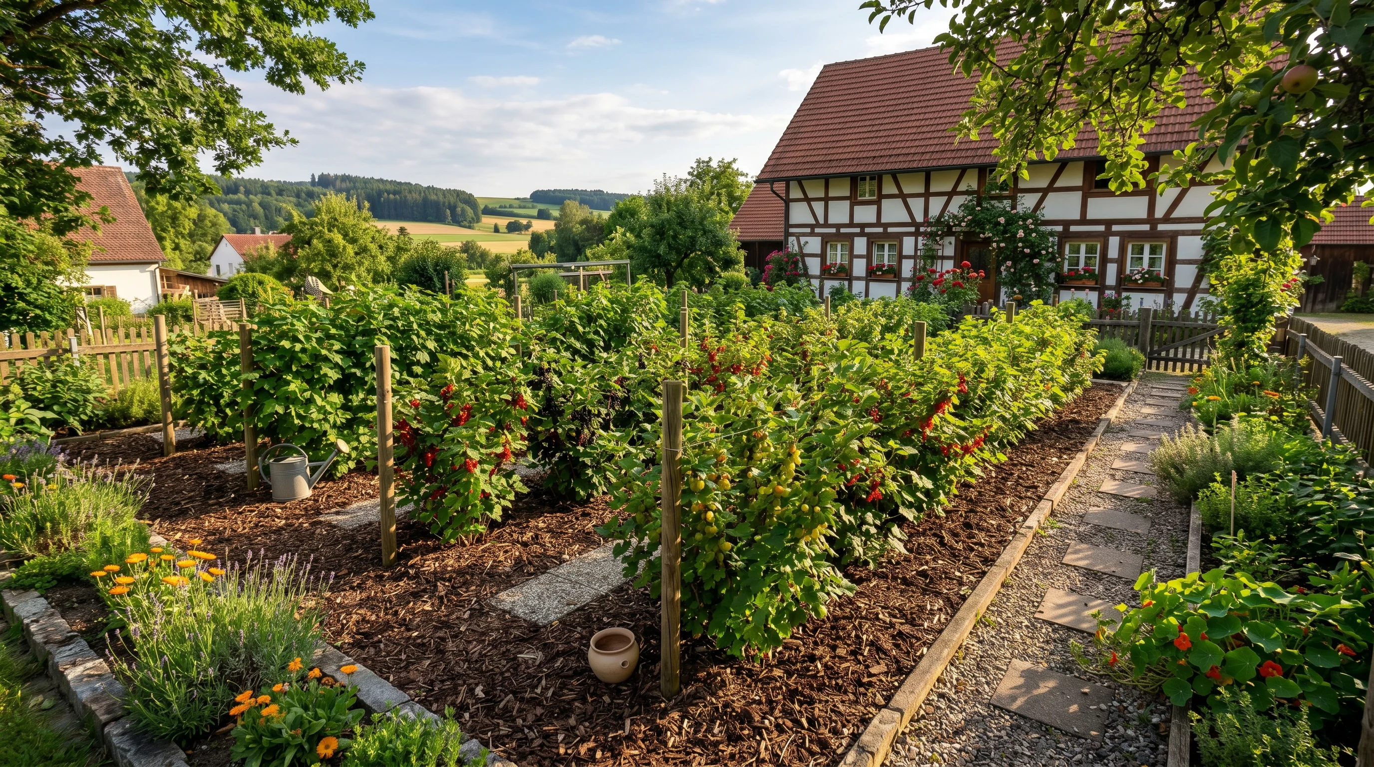 Gepflegter Hausgarten in Süddeutschland nach dem Rückschnitt — sauber ausgelichtete Beerensträucher in ordentlichen Reihen