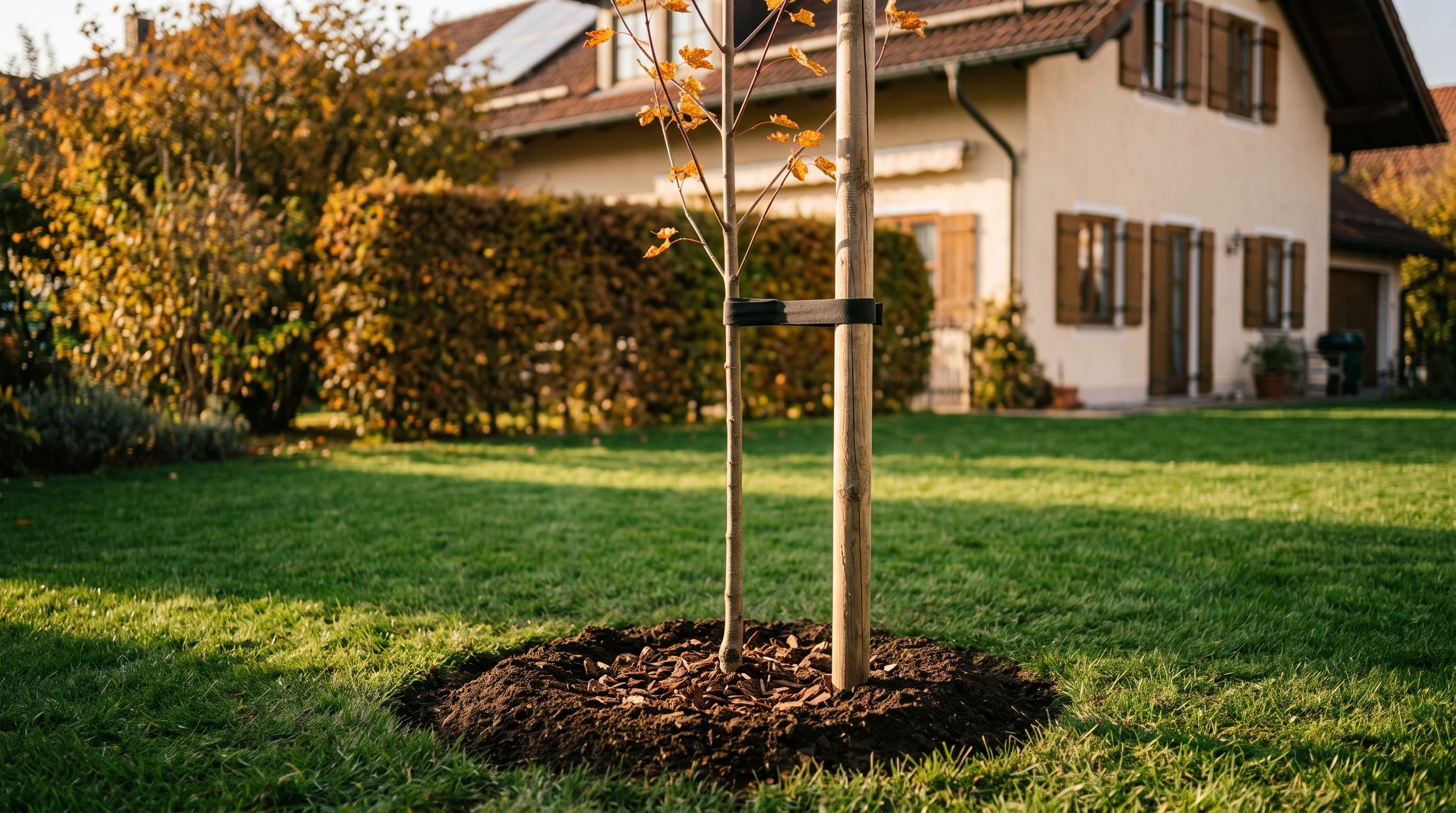 Frisch gepflanzter bienenfreundlicher Baum mit Stützpfahl und Gießrand im Garten