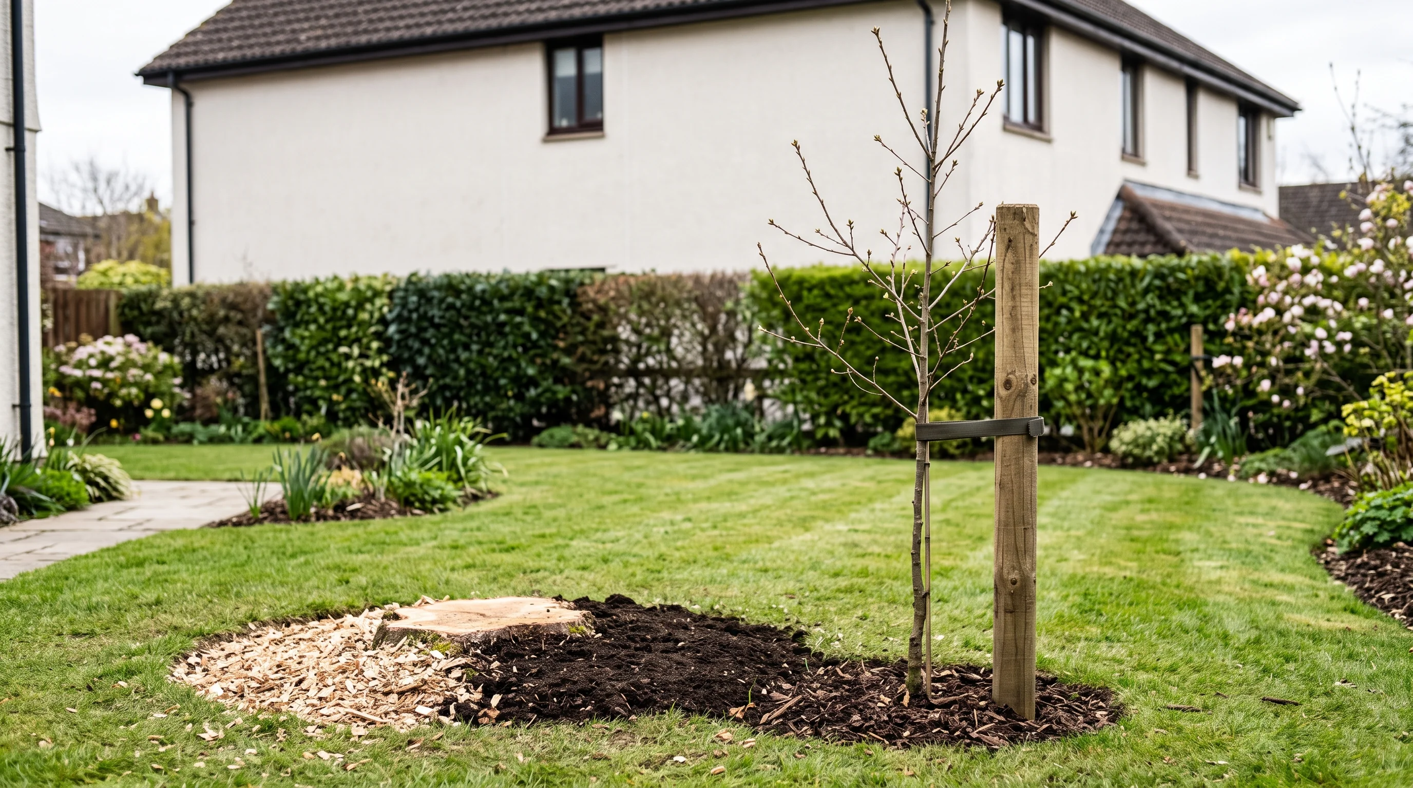 Birke fällen und nachpflanzen: aufgeräumter Garten mit frisch gefräster Stumpffläche und jungem Laubbaum