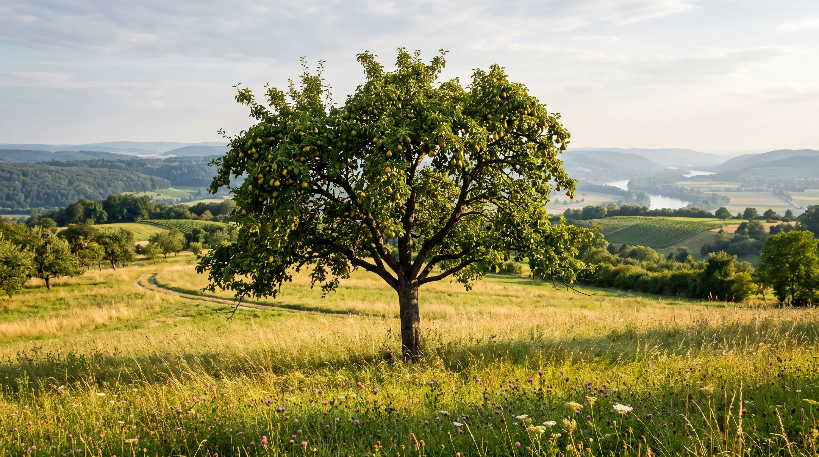 Birnbaum schneiden — gepflegter alter Birnbaum mit ausgewogener Krone auf einer Streuobstwiese