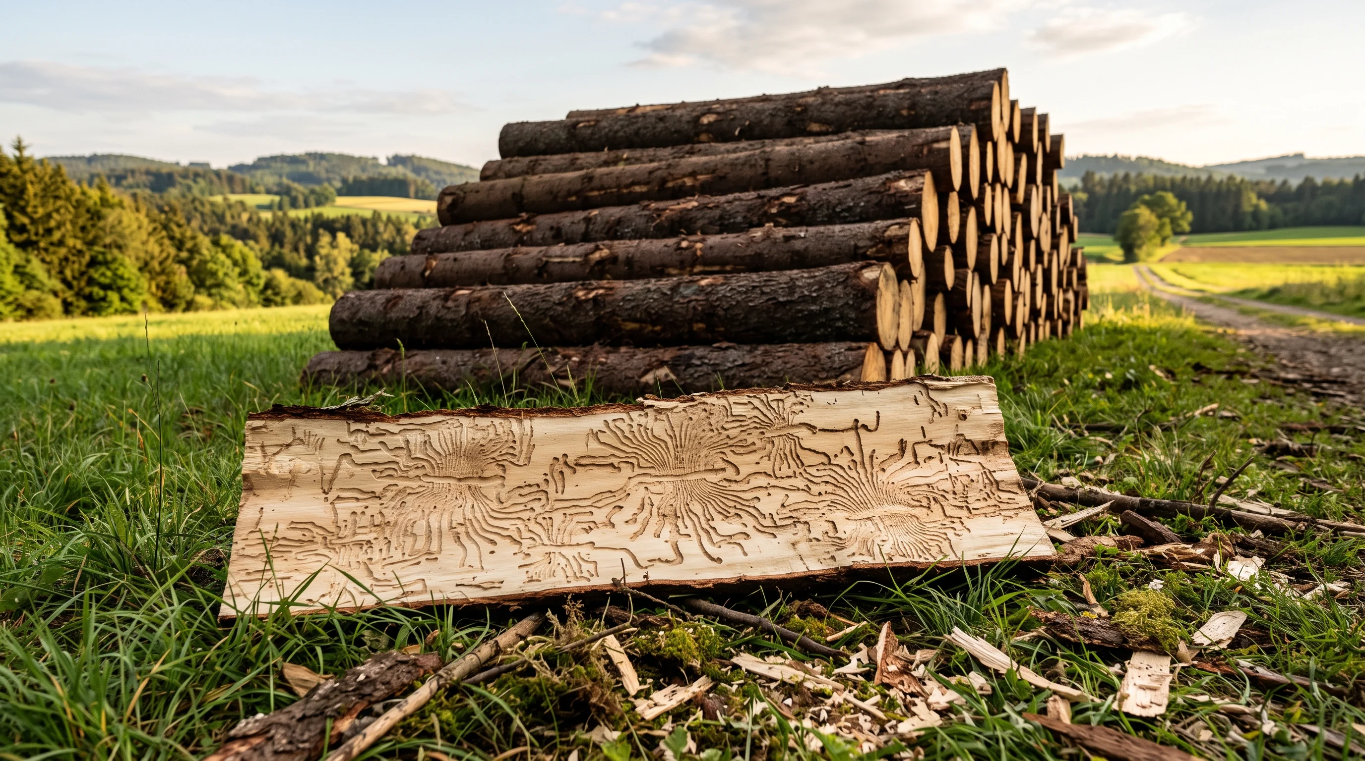 Gefällte Fichtenstämme nach Borkenkäfer-Befall an einem Waldrand bei Ulm im Spätsommer