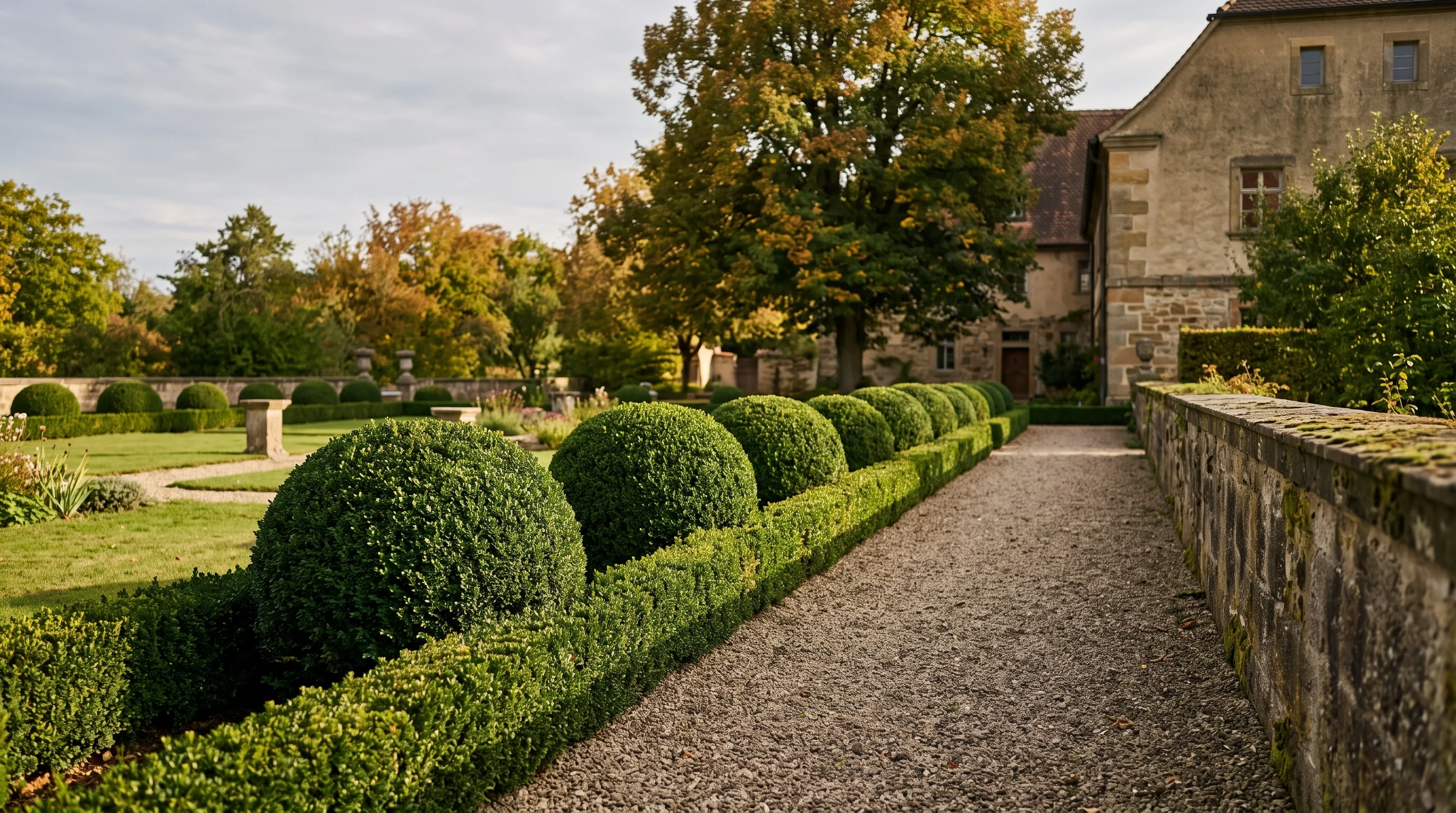 Buchsbaum schneiden: formgeschnittene Buchsbaumkugeln in einem gepflegten Garten bei Ulm im Herbstlicht
