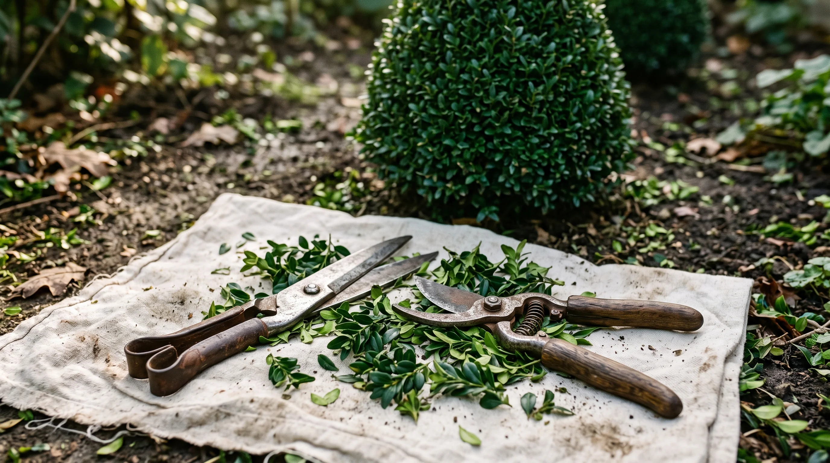Buchsbaum schneiden: Gartenschere und Schnittgut vor einem frisch geschnittenen Buchsbaum-Formgehölz