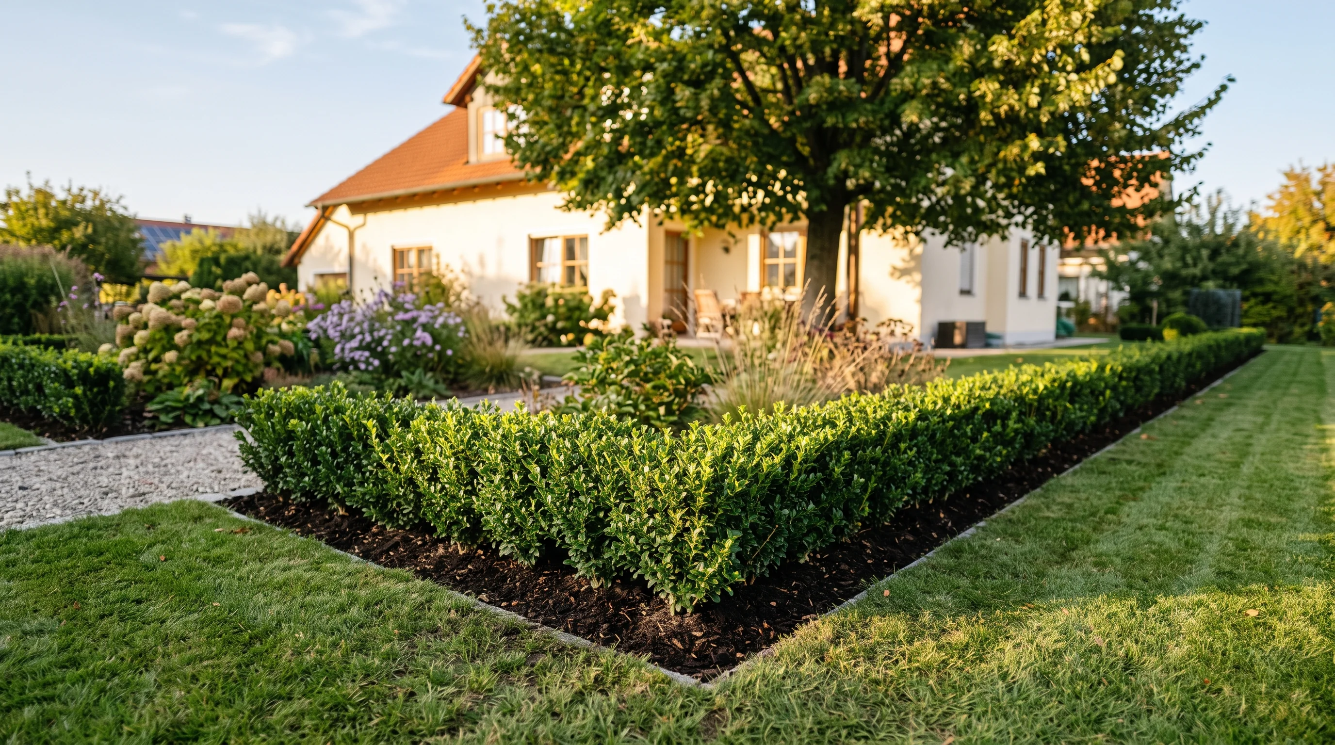 Buchsbaumzünsler bekämpfen: neu gepflanzte Ilex-crenata-Hecke als robuste Buchsbaum-Alternative in einem Garten bei Ulm
