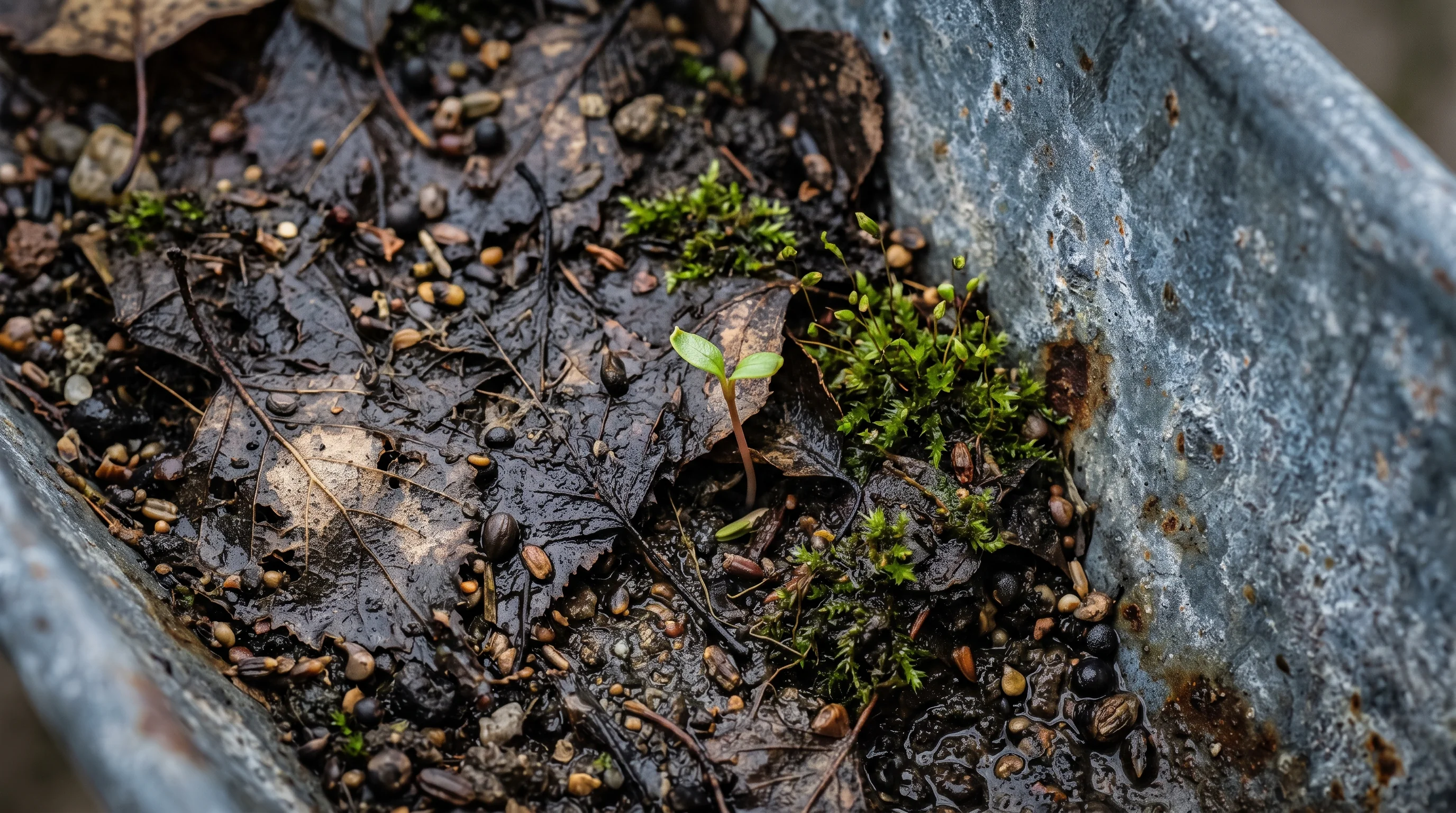 Dachrinne reinigen im Herbst: Nahaufnahme einer mit nassem Laub gefüllten Regenrinne