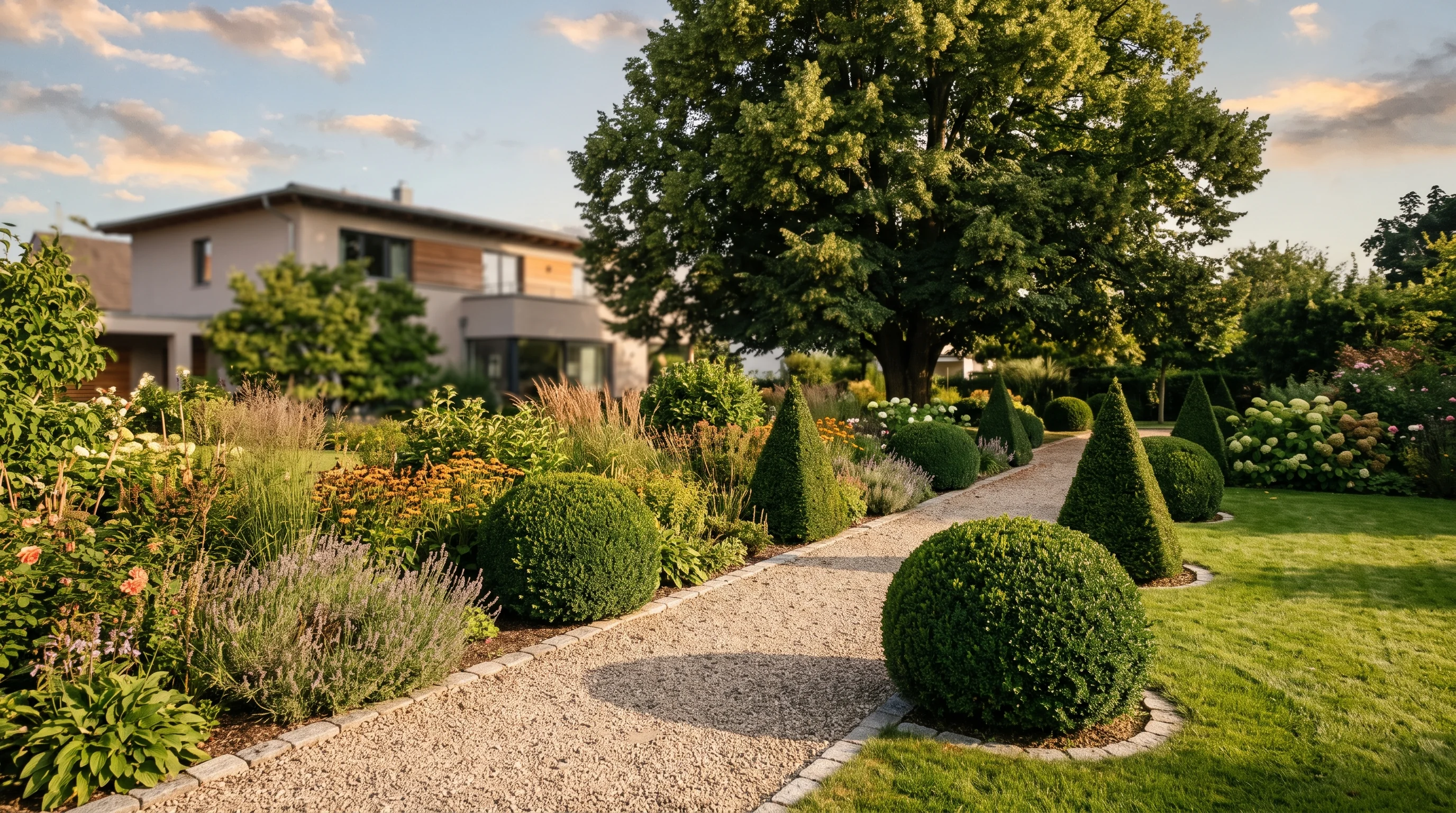 Eibe schneiden Ergebnis: gepflegter Garten mit geometrisch geschnittener Eibenhecke und Eibenkugeln
