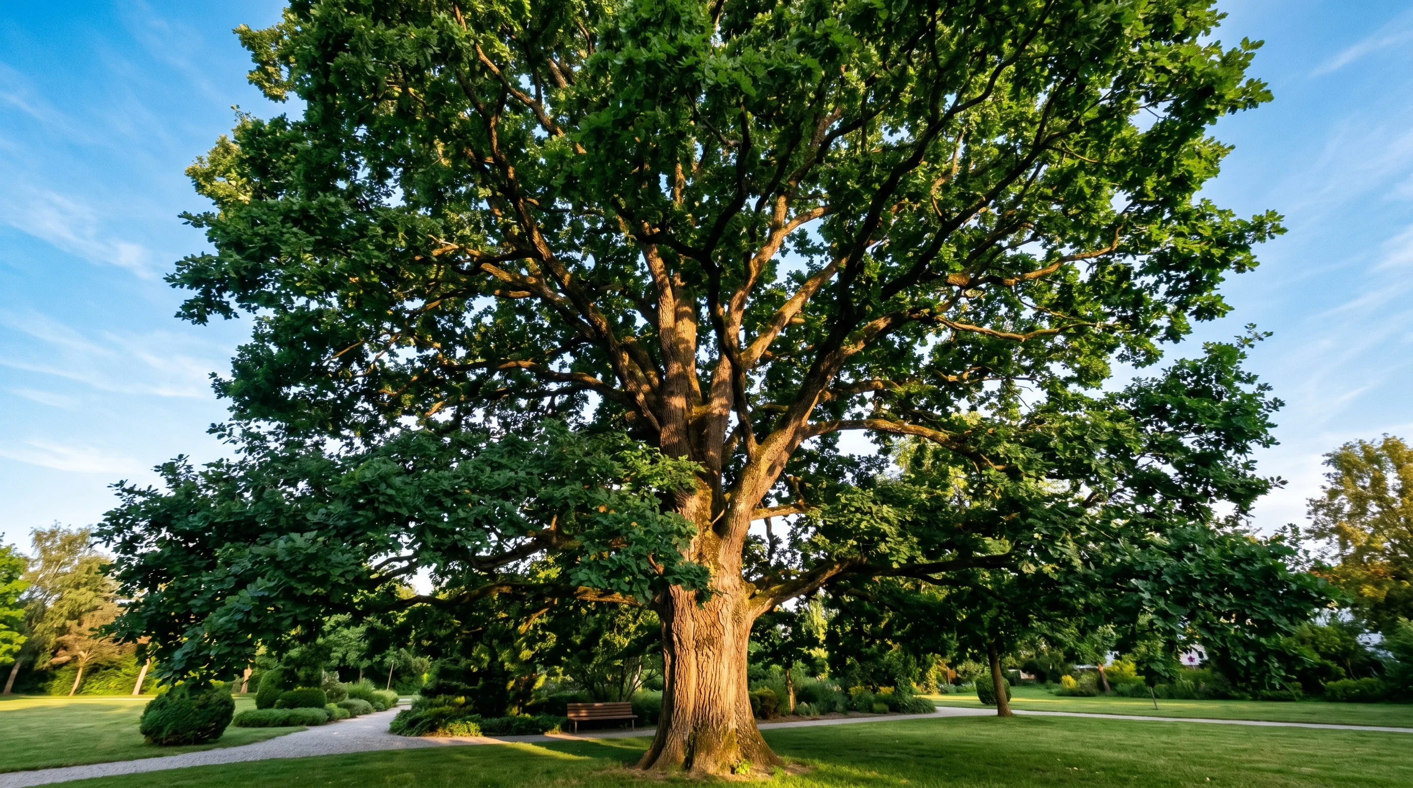 Gesunde Eiche in einem gepflegten süddeutschen Park – regelmäßige Baumkontrolle im Frühjahr beugt Eichenprozessionsspinner-Befall vor