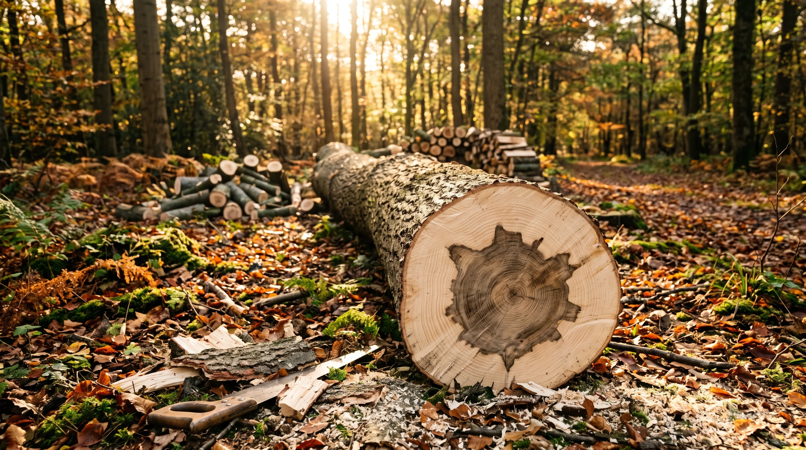 Gefällte Esche mit Eschentriebsterben, Stammquerschnitt mit verfärbtem Holz auf einer Waldlichtung