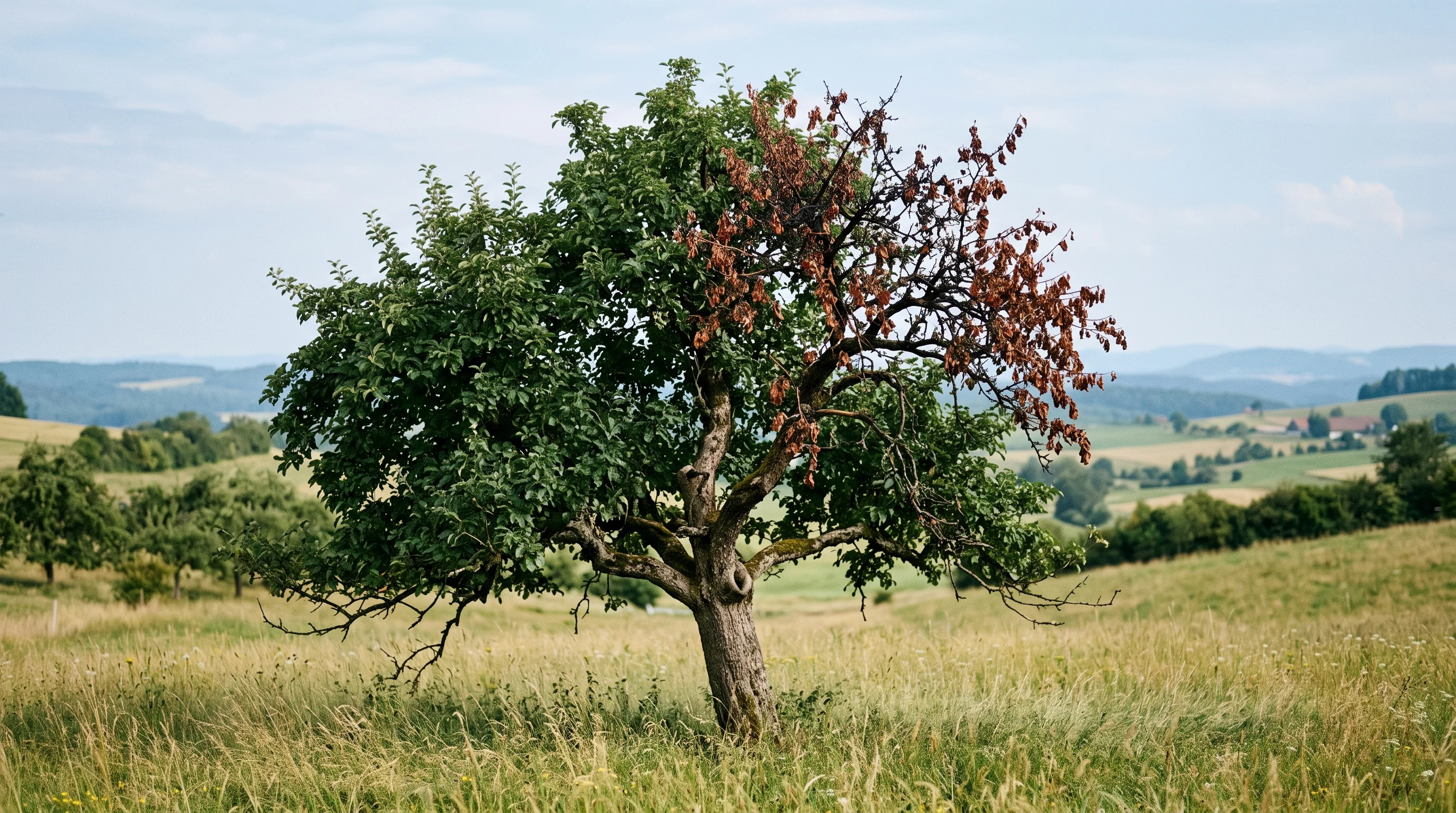 Feuerbrand an einem alten Apfelbaum auf einer Streuobstwiese mit teilweise verbräunter Krone
