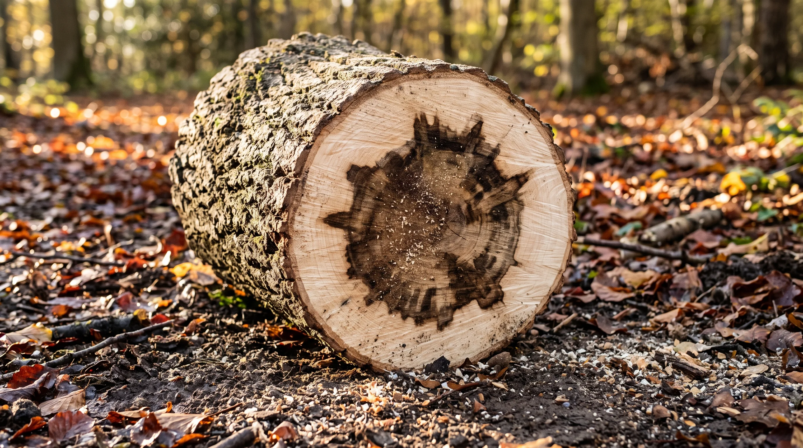 Gefällter Obstbaumstamm mit dunkel verfärbtem Holz nach starkem Feuerbrand-Befall