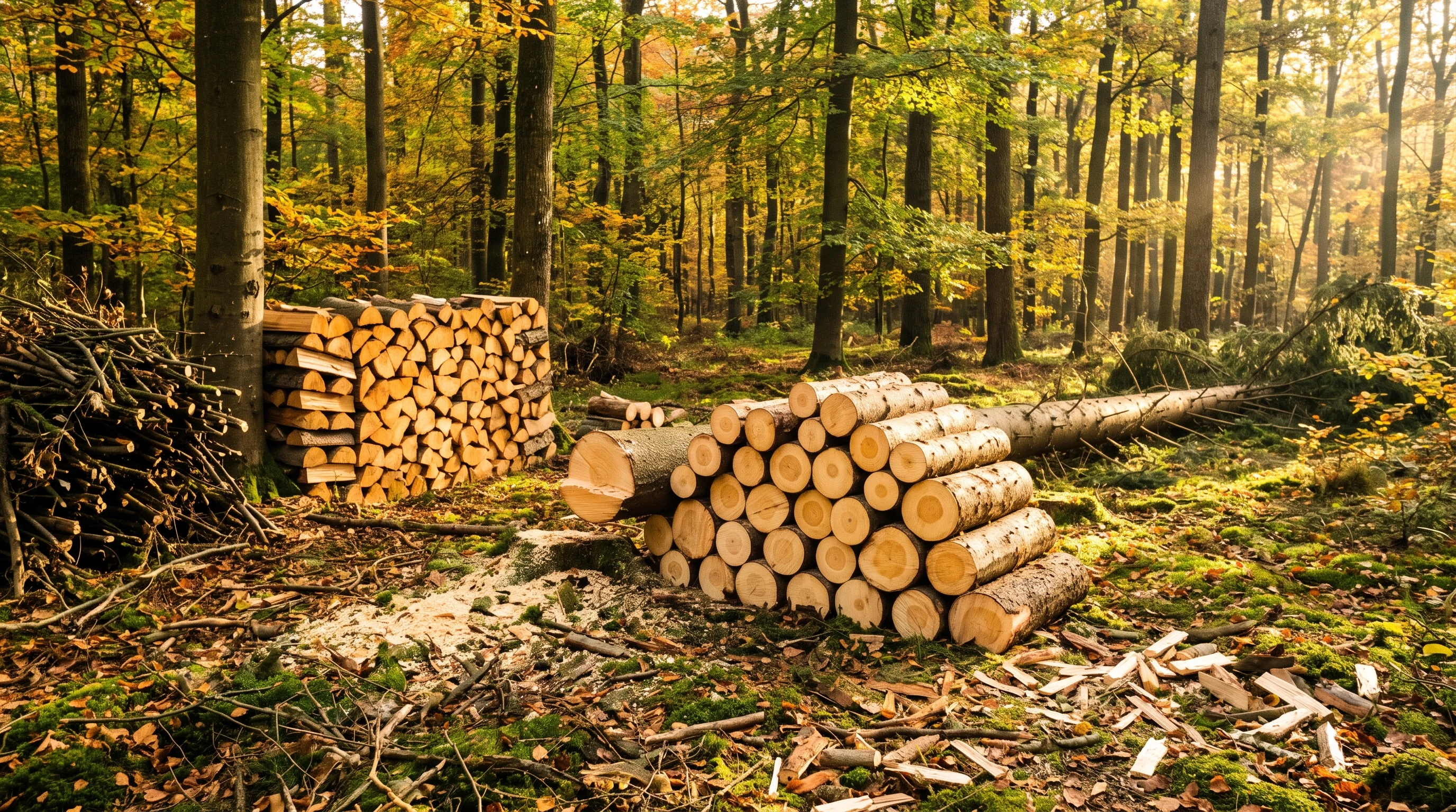 Fichte fällen: aufgearbeiteter Fichtenstamm und Holzstapel auf einer Lichtung im Herbstlicht