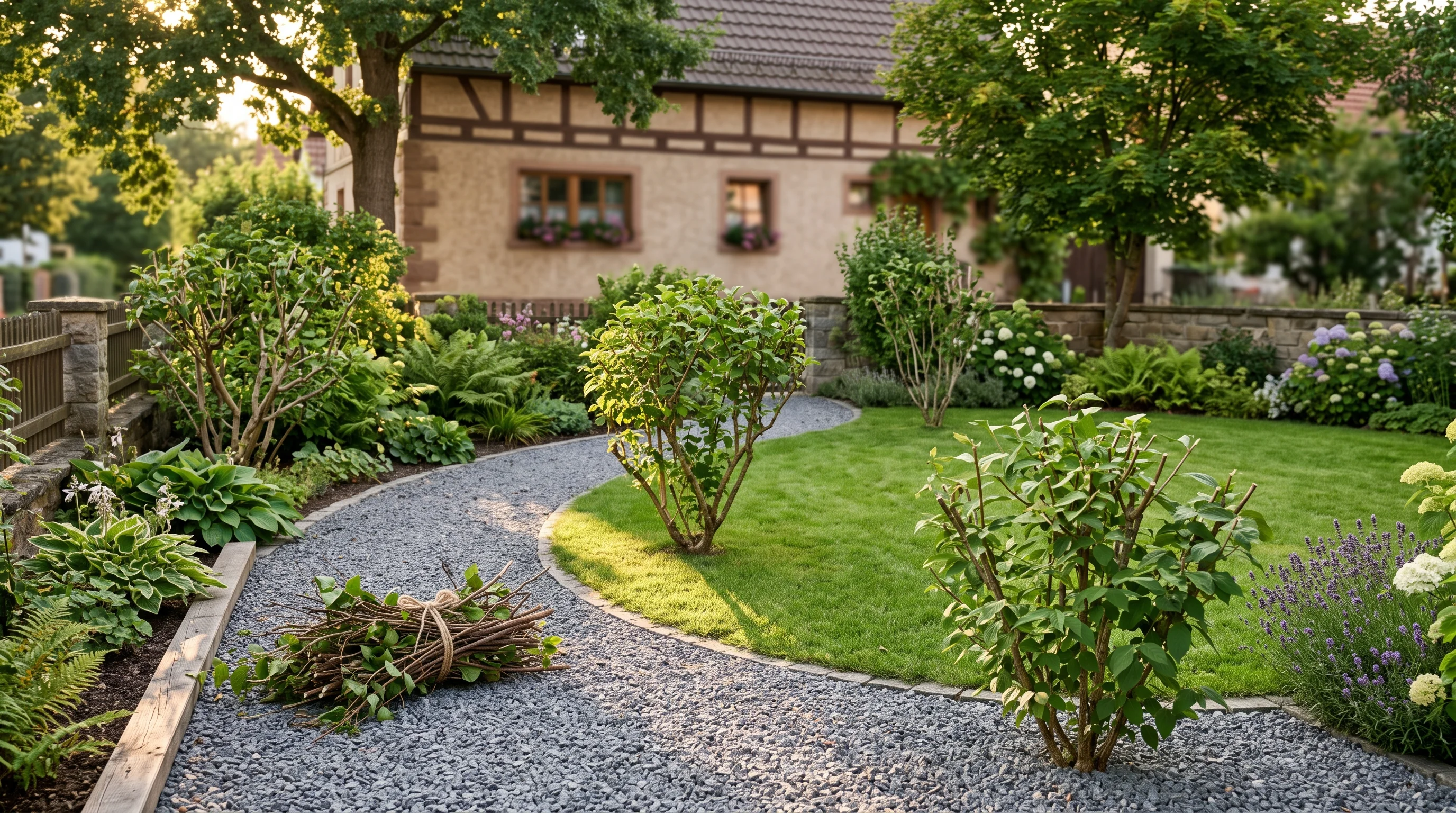 Flieder schneiden lohnt sich: gepflegter Garten mit sauber ausgelichteten Gehölzen in Süddeutschland